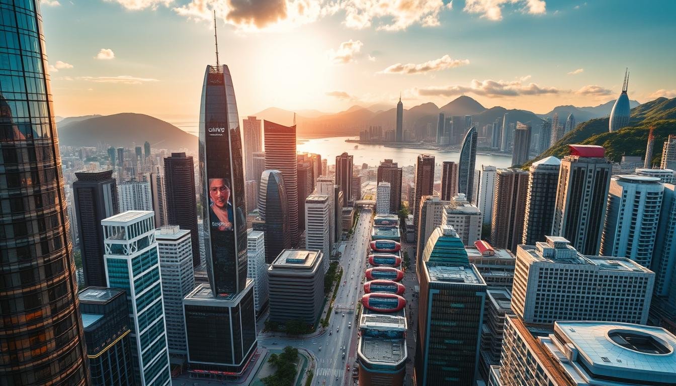 A vibrant cityscape of Hong Kong's future business landscape, captured through the lens of an aerial drone. In the foreground, a cluster of gleaming high-rise towers, their glass facades reflecting the warm glow of the setting sun. Mid-ground, bustling streets lined with sleek, contemporary office buildings and futuristic transportation hubs, teeming with the energy of a thriving metropolis. In the background, the iconic Victoria Harbour and the lush, verdant hills that frame the city, hinting at the harmonious blend of modernity and natural beauty. The scene evokes a sense of dynamic growth, technological innovation, and a city poised to embrace the challenges and opportunities of the future. A vibrant cityscape of Hong Kong's future business landscape, captured through the lens of an aerial drone. In the foreground, a cluster of gleaming high-rise towers, their glass facades reflecting the warm glow of the setting sun. Mid-ground, bustling streets lined with sleek, contemporary office buildings and futuristic transportation hubs, teeming with the energy of a thriving metropolis. In the background, the iconic Victoria Harbour and the lush, verdant hills that frame the city, hinting at the harmonious blend of modernity and natural beauty. The scene evokes a sense of dynamic growth, technological innovation, and a city poised to embrace the challenges and opportunities of the future.