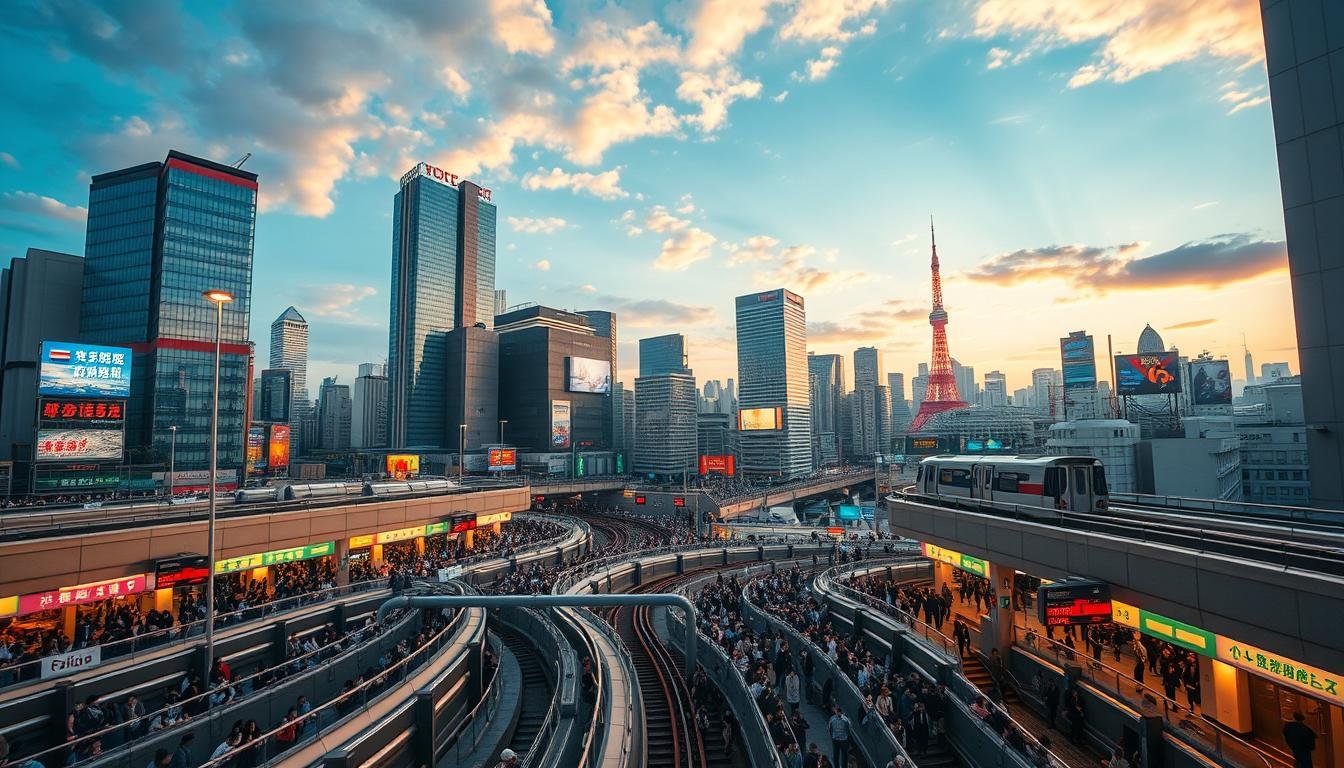 A vibrant cityscape of Tokyo's bustling transportation hubs, captured in a high-resolution, wide-angle photograph. In the foreground, a sea of people navigate the intricate maze of subway stations, their movements choreographed by the graceful flow of Tokyo's efficient transit system. In the middle ground, towering skyscrapers and neon-lit billboards create a dynamic, futuristic backdrop, while the distant horizon is punctuated by the iconic silhouettes of Tokyo's most recognizable landmarks. The image is bathed in a warm, golden-hour glow, casting a serene, almost dreamlike quality over the scene. The overall composition conveys a sense of order and harmony, reflecting the seamless integration of public transportation within the vibrant fabric of Tokyo's urban landscape. A vibrant cityscape of Tokyo's bustling transportation hubs, captured in a high-resolution, wide-angle photograph. In the foreground, a sea of people navigate the intricate maze of subway stations, their movements choreographed by the graceful flow of Tokyo's efficient transit system. In the middle ground, towering skyscrapers and neon-lit billboards create a dynamic, futuristic backdrop, while the distant horizon is punctuated by the iconic silhouettes of Tokyo's most recognizable landmarks. The image is bathed in a warm, golden-hour glow, casting a serene, almost dreamlike quality over the scene. The overall composition conveys a sense of order and harmony, reflecting the seamless integration of public transportation within the vibrant fabric of Tokyo's urban landscape.