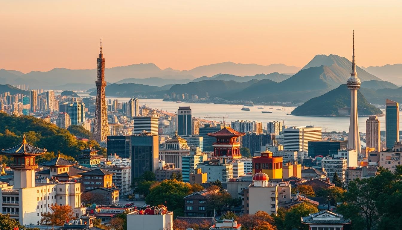 A vibrant cityscape showcasing the captivating destinations of Seoul, Busan, and Jeju. In the foreground, the iconic landmarks of Seoul stand tall - the majestic Gyeongbokgung Palace, the graceful Namsan Tower, and the bustling Myeongdong shopping district. In the middle ground, the dynamic port city of Busan unfolds, with the picturesque Haeundae Beach and the towering Busan Tower. In the background, the serene beauty of Jeju Island emerges, its volcanic peaks and lush green landscapes complemented by the pristine Cheonjiyeon Waterfall. The scene is bathed in warm, golden light, creating a sense of adventure and exploration. Capturing the essence of the diverse wonders of South Korea, this image invites the viewer to embark on an unforgettable journey through these premier travel destinations. A vibrant cityscape showcasing the captivating destinations of Seoul, Busan, and Jeju. In the foreground, the iconic landmarks of Seoul stand tall - the majestic Gyeongbokgung Palace, the graceful Namsan Tower, and the bustling Myeongdong shopping district. In the middle ground, the dynamic port city of Busan unfolds, with the picturesque Haeundae Beach and the towering Busan Tower. In the background, the serene beauty of Jeju Island emerges, its volcanic peaks and lush green landscapes complemented by the pristine Cheonjiyeon Waterfall. The scene is bathed in warm, golden light, creating a sense of adventure and exploration. Capturing the essence of the diverse wonders of South Korea, this image invites the viewer to embark on an unforgettable journey through these premier travel destinations.