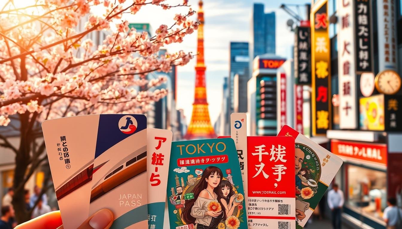 A vibrant collage of Tokyo's quintessential travel passes and discounts, bathed in warm, golden light. In the foreground, a sleek Japan Rail Pass and Tokyo Metro Ticket stand out, their crisp designs reflecting the efficient transportation network. The middle ground features an assortment of sightseeing passes, each promising access to the city's most iconic landmarks. In the background, a tapestry of cherry blossoms, neon-lit skyscrapers, and bustling streets sets the stage for this immersive Tokyo experience. The composition conveys a sense of adventure, convenience, and the joy of exploring this captivating metropolis to the fullest.
