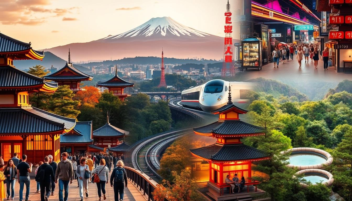 A vibrant collage of diverse Japanese travel experiences. In the foreground, a group of tourists exploring historic temples, admiring the intricate architecture and serene gardens. In the middle ground, a bullet train zipping through the countryside, with snow-capped peaks in the distance. The background features bustling city streets, neon-lit nightlife, and tranquil hot springs nestled in lush, forested landscapes. Warm, golden lighting illuminates the scene, creating a sense of wonder and discovery. The overall composition conveys the breadth of options available for a Japan travel itinerary, from cultural immersion to outdoor adventure and urban exploration.