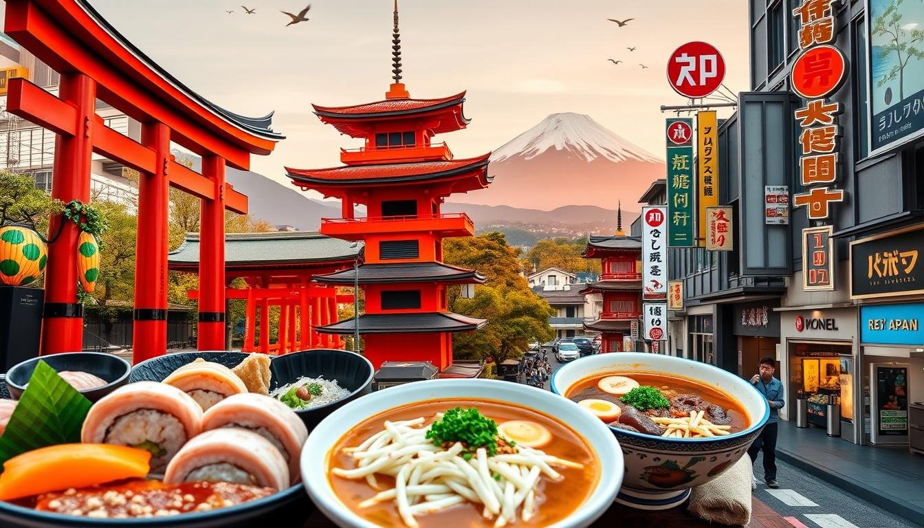 A vibrant collage showcasing the essentials for a Japanese travel adventure. In the foreground, a well-curated selection of Japanese delicacies - sushi, ramen, and other mouthwatering dishes. Midground features iconic landmarks like the torii gates of Fushimi Inari-taisha and the iconic Mount Fuji, all bathed in warm, golden hues. The background depicts bustling city streets lined with neon signs, traditional ryokans, and modern shopping districts, capturing the blend of old and new that defines the Japanese experience. The overall composition conveys a sense of excitement, wanderlust, and the promise of an unforgettable journey.