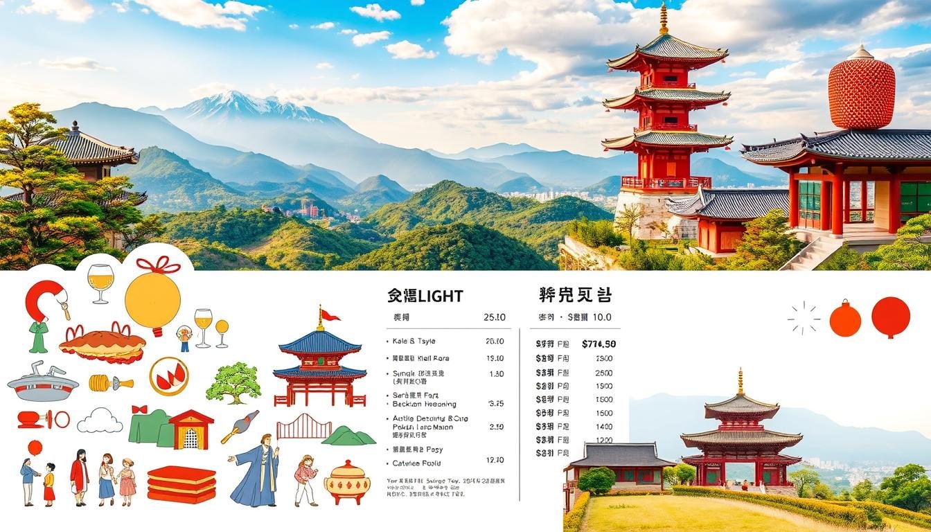 A vibrant collage showcasing the highlights and transparency of a Korean tour package, captured against a backdrop of serene landscapes and traditional cultural elements. In the foreground, meticulously detailed icons and illustrations depict the diverse activities and amenities offered, conveying a sense of value and attention to detail. The middle ground features a well-organized layout of pricing information, emphasizing the transparency and clarity of the package. In the background, a panoramic view of iconic Korean landmarks, such as towering mountains, lush green hills, and traditional architectural structures, evokes a sense of the immersive cultural experience. Soft, warm lighting and a harmonious color palette create a welcoming and inviting atmosphere, reflecting the care and attention to the traveler's journey. A vibrant collage showcasing the highlights and transparency of a Korean tour package, captured against a backdrop of serene landscapes and traditional cultural elements. In the foreground, meticulously detailed icons and illustrations depict the diverse activities and amenities offered, conveying a sense of value and attention to detail. The middle ground features a well-organized layout of pricing information, emphasizing the transparency and clarity of the package. In the background, a panoramic view of iconic Korean landmarks, such as towering mountains, lush green hills, and traditional architectural structures, evokes a sense of the immersive cultural experience. Soft, warm lighting and a harmonious color palette create a welcoming and inviting atmosphere, reflecting the care and attention to the traveler's journey.