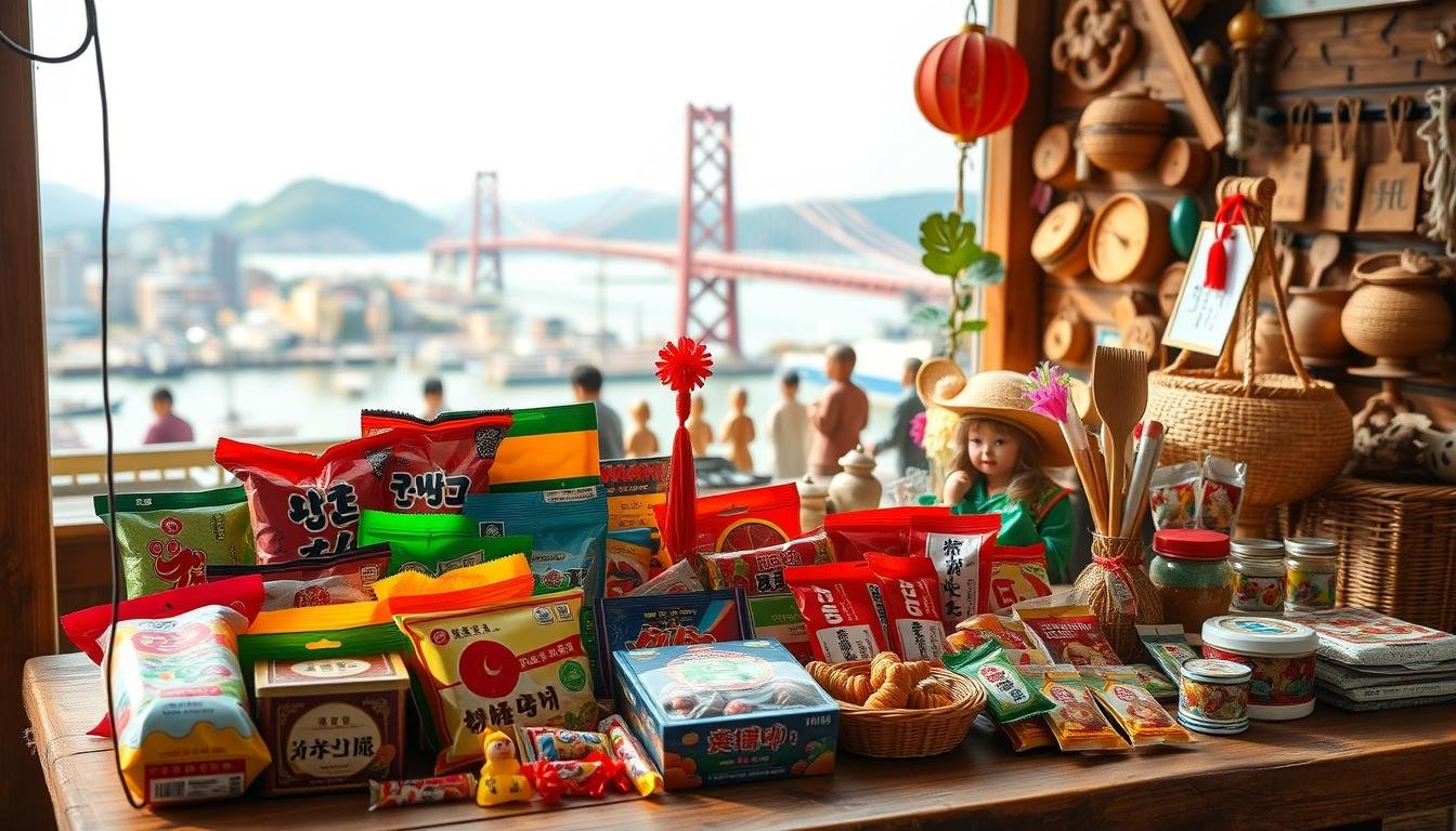 A vibrant collection of traditional Busan souvenirs and local delicacies arranged on a rustic wooden table. In the foreground, an assortment of colorful Korean sweets, candies, and snacks in intricate packaging. In the middle ground, various regional handicrafts such as ceramic figurines, woven baskets, and wooden carvings. The background features a glimpse of the bustling Busan cityscape, with the iconic Gwangan Bridge visible in the distance. The lighting is warm and natural, casting a cozy, inviting atmosphere. The camera angle is slightly elevated, providing a comprehensive view of the diverse Busan specialties. A vibrant collection of traditional Busan souvenirs and local delicacies arranged on a rustic wooden table. In the foreground, an assortment of colorful Korean sweets, candies, and snacks in intricate packaging. In the middle ground, various regional handicrafts such as ceramic figurines, woven baskets, and wooden carvings. The background features a glimpse of the bustling Busan cityscape, with the iconic Gwangan Bridge visible in the distance. The lighting is warm and natural, casting a cozy, inviting atmosphere. The camera angle is slightly elevated, providing a comprehensive view of the diverse Busan specialties.