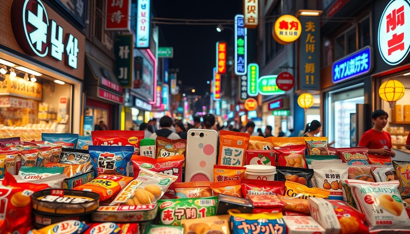 A vibrant, colorful display of the trendiest Korean snacks and lifestyle accessories. A foreground of enticing sweets, candies, and savory treats, with unique packaging and designs. In the middle ground, an array of chic and innovative lifestyle products like phone cases, stationery, and home decor. The background features a lively Korean street scene, with neon signs, bustling crowds, and a sense of energy and excitement. Warm, saturated lighting, with a lens that captures the scene in a cinematic, high-resolution manner. An overall atmosphere of trendy, youthful Korean culture and the must-have items that define it.