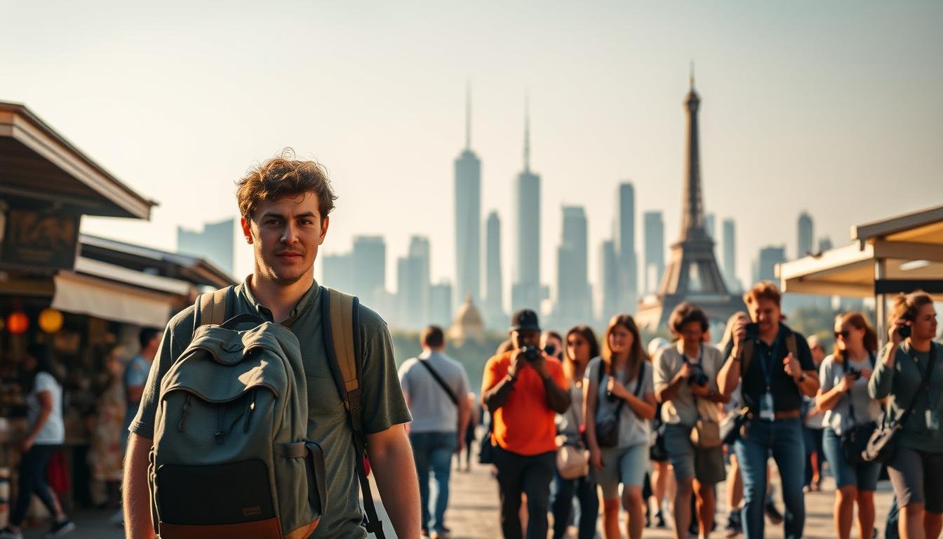 A vibrant comparison between the freedom of solo travel and the convenience of organized group tours. In the foreground, a lone backpacker strolls through a bustling local market, taking in the sights, sounds, and flavors at their own pace. In the middle ground, a tour group follows a guide, cameras in hand, exploring iconic landmarks. The background features the towering skyline of a modern city, hinting at the diverse experiences available. Warm lighting and a slightly hazy atmosphere evoke a sense of adventure and discovery. The scene conveys the contrasting joys of independent exploration versus the structure of a guided itinerary, inviting the viewer to consider the merits of each approach to travel.