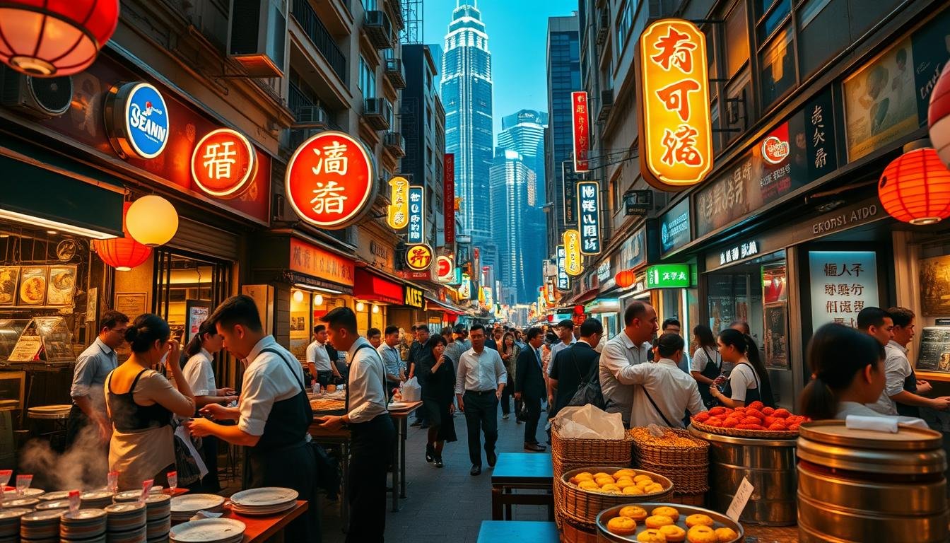 A vibrant culinary scene unfolds in a bustling Hong Kong street, showcasing the city's renowned Michelin-starred delights. In the foreground, a tantalizing array of local dim sum delicacies, from steaming dumplings to delicate egg tarts, beckons. Amid the lively atmosphere, servers in crisp uniforms weave through the tables, delivering fragrant dishes to discerning diners. In the middle ground, the iconic neon signs of renowned eateries illuminate the scene, casting a warm glow over the bustling street. In the background, the towering skyscrapers of Hong Kong's skyline create an impressive backdrop, hinting at the city's status as a global culinary destination. The overall mood is one of vibrant energy, where the city's rich culinary heritage and Michelin-worthy offerings converge to delight the senses. A vibrant culinary scene unfolds in a bustling Hong Kong street, showcasing the city's renowned Michelin-starred delights. In the foreground, a tantalizing array of local dim sum delicacies, from steaming dumplings to delicate egg tarts, beckons. Amid the lively atmosphere, servers in crisp uniforms weave through the tables, delivering fragrant dishes to discerning diners. In the middle ground, the iconic neon signs of renowned eateries illuminate the scene, casting a warm glow over the bustling street. In the background, the towering skyscrapers of Hong Kong's skyline create an impressive backdrop, hinting at the city's status as a global culinary destination. The overall mood is one of vibrant energy, where the city's rich culinary heritage and Michelin-worthy offerings converge to delight the senses.