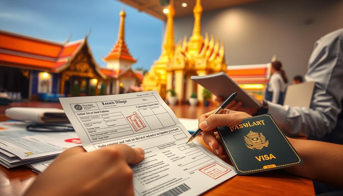 A vibrant, detailed scene showcasing the process of obtaining a Thai tourist visa and visa-on-arrival. In the foreground, a person meticulously fills out visa application forms, surrounded by a passport, stamps, and official Thai government documents. The middle ground features a Thai immigration officer reviewing the documents, while in the background, an ornate Thai temple or landmark stands as a symbol of the destination. The lighting is warm and inviting, capturing the welcoming atmosphere of the visa application process. The overall composition conveys the ease and efficiency of navigating Thailand's visa requirements for tourists. A vibrant, detailed scene showcasing the process of obtaining a Thai tourist visa and visa-on-arrival. In the foreground, a person meticulously fills out visa application forms, surrounded by a passport, stamps, and official Thai government documents. The middle ground features a Thai immigration officer reviewing the documents, while in the background, an ornate Thai temple or landmark stands as a symbol of the destination. The lighting is warm and inviting, capturing the welcoming atmosphere of the visa application process. The overall composition conveys the ease and efficiency of navigating Thailand's visa requirements for tourists.