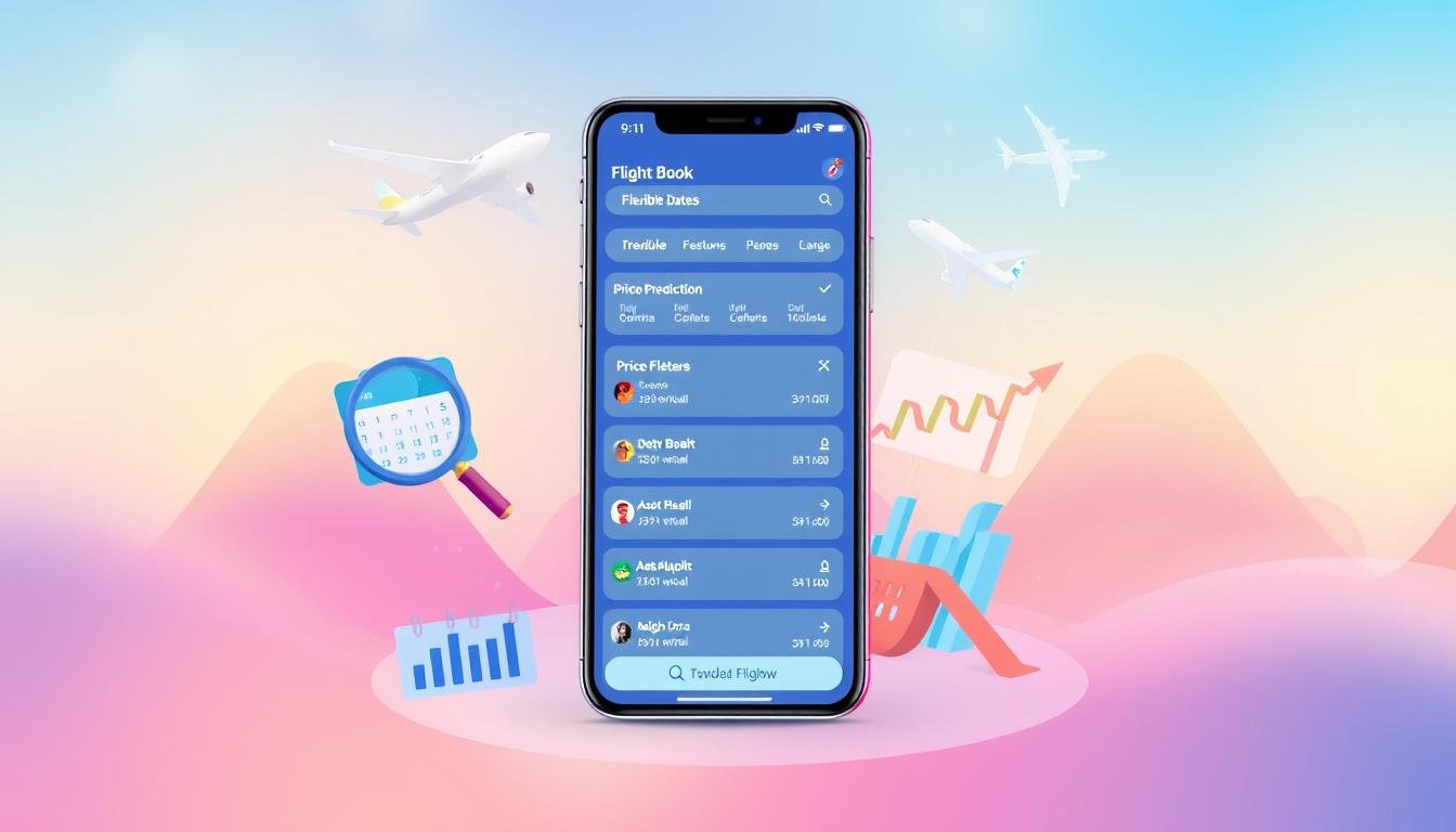 A vibrant digital illustration showcasing various flight booking tools and features. In the foreground, a sleek smartphone displays a flight booking interface with options for flexible travel dates, price prediction, and customized search filters. The middle ground features a calendar, magnifying glass, and price charts, emphasizing the analytical capabilities of the tools. The background is a soft, gradient-filled environment, creating a sense of depth and sophistication. The overall composition conveys the efficiency and convenience of modern air travel planning, with a focus on the practical functionalities that empower travelers.