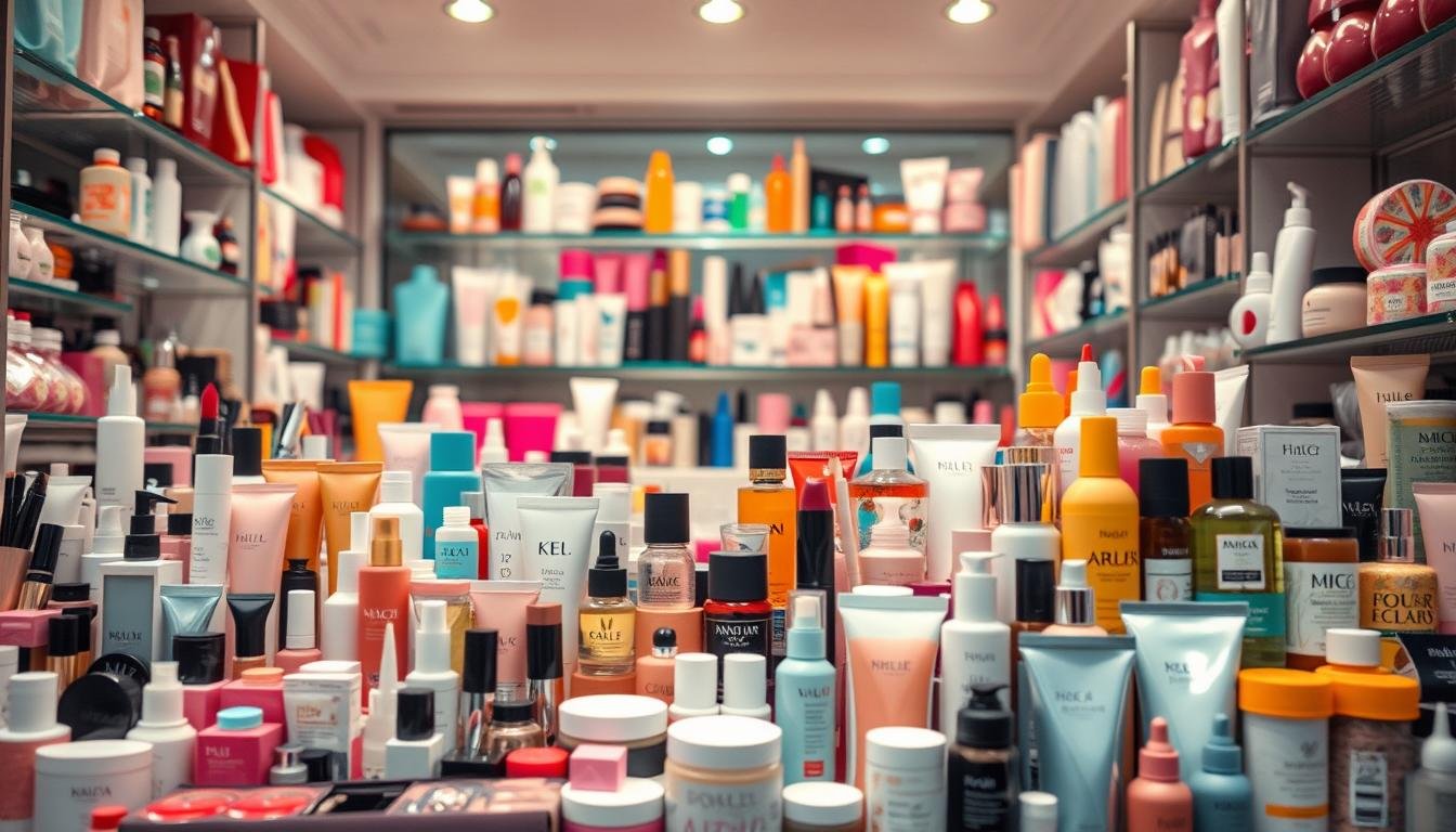 A vibrant display of cosmetic products arranged in a visually striking manner, showcasing the diverse range of beauty offerings available in Busan. The foreground features an assortment of makeup, skincare, and hair care items meticulously organized, their colors and textures creating a harmonious aesthetic. The middle ground captures a sense of depth, with additional shelves or displays highlighting the breadth of the selection. The background is softly blurred, maintaining the focus on the carefully curated products. Subtle lighting from above casts a warm, inviting glow, accentuating the quality and allure of the Busan beauty treasures. The overall composition conveys a sense of abundance, variety, and the city's reputation as a hub for exceptional cosmetic products.