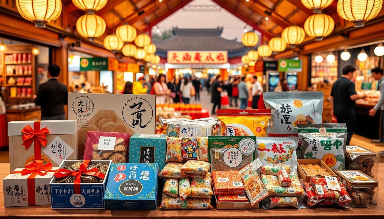 A vibrant display of traditional Korean confections and gourmet delicacies, showcasing the rich culinary heritage of Busan. In the foreground, an assortment of beautifully packaged gift sets featuring local specialties such as dried seafood, rice cakes, and artisanal teas. The middle ground features an array of colorful Pollock-esque Korean snacks and candies, their intricate designs and textures inviting closer inspection. The background depicts the bustling Gukje Market, with its vibrant stalls and bustling atmosphere, serving as a vivid backdrop to this enticing array of Busan's most prized edible souvenirs. Warm, diffused lighting casts a welcoming glow, highlighting the unique textures and vibrant hues of these must-have Busan gifts.