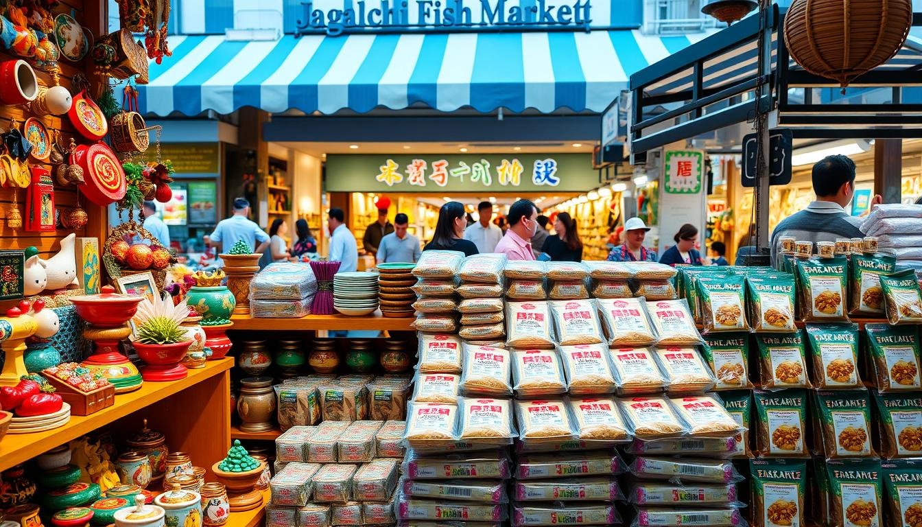 A vibrant display of traditional Korean souvenirs and local specialties from the bustling city of Busan. In the foreground, an assortment of colorful, hand-crafted trinkets, lacquerware, and ceramics arranged neatly on wooden shelves. In the middle ground, stacks of meticulously packaged Busan-famous delicacies like gimbap, dried seafood, and local teas. The background showcases the bustling Jagalchi Fish Market, with its iconic blue-and-white striped awnings and lively atmosphere. Soft, warm lighting illuminates the scene, creating a cozy, inviting ambiance. The overall composition conveys the rich cultural heritage and vibrant energy of Busan's renowned local products and souvenirs. A vibrant display of traditional Korean souvenirs and local specialties from the bustling city of Busan. In the foreground, an assortment of colorful, hand-crafted trinkets, lacquerware, and ceramics arranged neatly on wooden shelves. In the middle ground, stacks of meticulously packaged Busan-famous delicacies like gimbap, dried seafood, and local teas. The background showcases the bustling Jagalchi Fish Market, with its iconic blue-and-white striped awnings and lively atmosphere. Soft, warm lighting illuminates the scene, creating a cozy, inviting ambiance. The overall composition conveys the rich cultural heritage and vibrant energy of Busan's renowned local products and souvenirs.