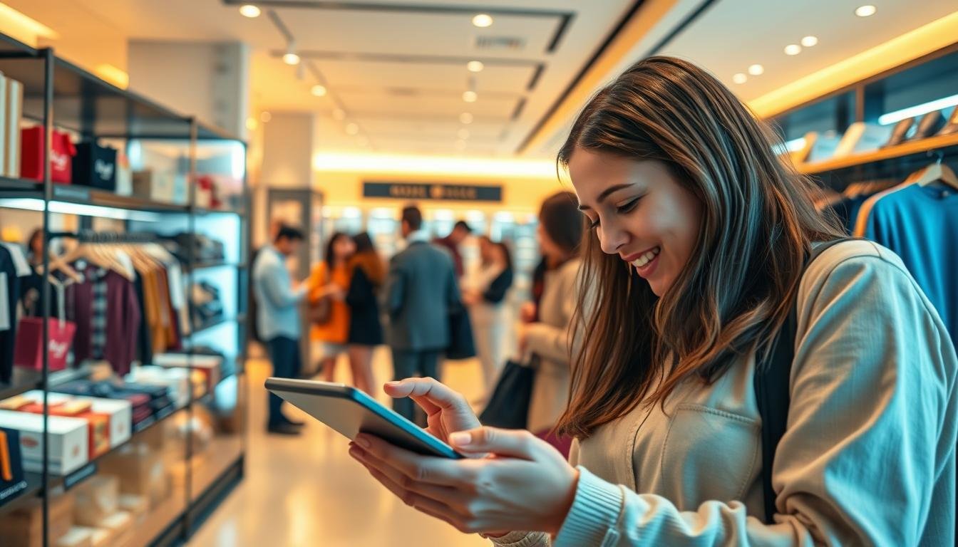 A vibrant, dynamic scene showcasing the contrasts between online and in-person shopping experiences. In the foreground, a young woman browsing products on a sleek, high-resolution tablet, her fingers gliding across the touchscreen. Behind her, a bustling physical store, shelves brimming with an array of merchandise, customers examining items and chatting with attentive sales associates. Warm, diffused lighting illuminates the scene, creating a sense of energy and engagement. The background features a panoramic view of the store's interior, with clean, modern architectural elements and a touch of minimalist design. The overall composition highlights the seamless integration of digital and physical retail, inviting the viewer to compare the convenience and immersion of each shopping experience. A vibrant, dynamic scene showcasing the contrasts between online and in-person shopping experiences. In the foreground, a young woman browsing products on a sleek, high-resolution tablet, her fingers gliding across the touchscreen. Behind her, a bustling physical store, shelves brimming with an array of merchandise, customers examining items and chatting with attentive sales associates. Warm, diffused lighting illuminates the scene, creating a sense of energy and engagement. The background features a panoramic view of the store's interior, with clean, modern architectural elements and a touch of minimalist design. The overall composition highlights the seamless integration of digital and physical retail, inviting the viewer to compare the convenience and immersion of each shopping experience.