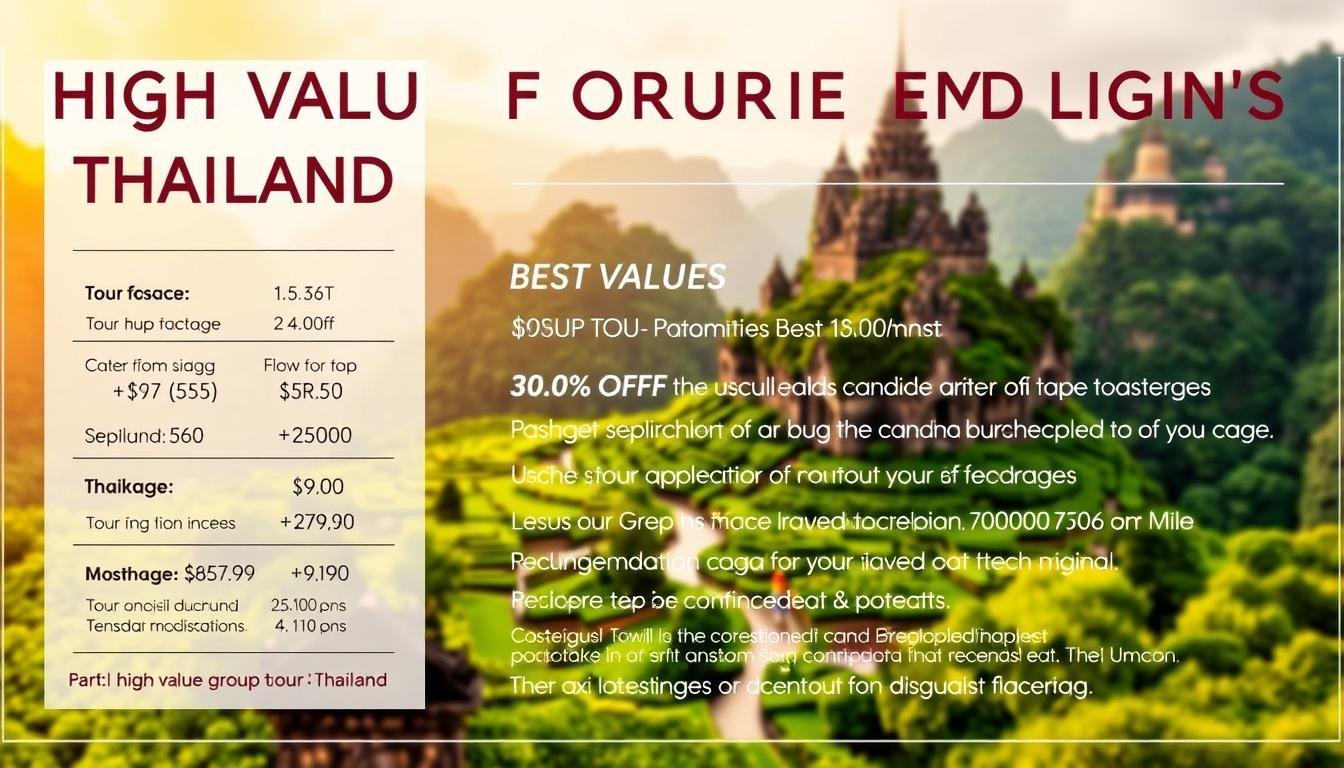 A vibrant, eye-catching advertisement showcasing detailed pricing and promotion information for a high-value group tour of Thailand. The foreground features a clean, minimalist layout with bold typography highlighting key details like tour package prices, discounts, and special offers. The middle ground depicts lush, verdant Thai landscapes, capturing the cultural richness of the destination. In the background, a warm, golden hue creates a sense of luxury and exclusivity. Carefully composed to draw the viewer's attention to the vital pricing and promotional details, while evoking the allure of the Thai travel experience. A vibrant, eye-catching advertisement showcasing detailed pricing and promotion information for a high-value group tour of Thailand. The foreground features a clean, minimalist layout with bold typography highlighting key details like tour package prices, discounts, and special offers. The middle ground depicts lush, verdant Thai landscapes, capturing the cultural richness of the destination. In the background, a warm, golden hue creates a sense of luxury and exclusivity. Carefully composed to draw the viewer's attention to the vital pricing and promotional details, while evoking the allure of the Thai travel experience.