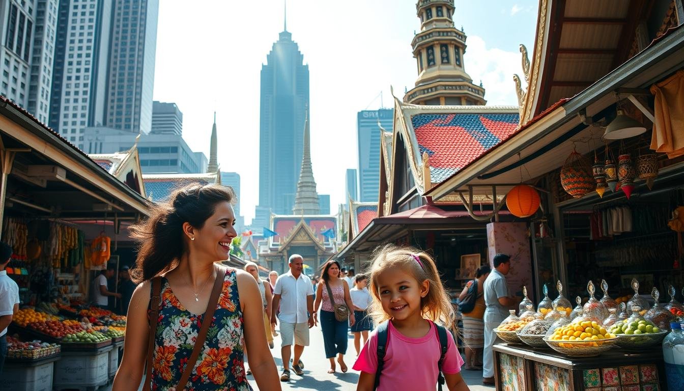 A vibrant family adventure in the heart of Bangkok, where towering skyscrapers backdrop a lively cityscape. In the foreground, a mother and her two children explore a bustling street market, captivated by the vibrant colors and aromas of exotic fruits, spices, and handcrafted souvenirs. Sunlight filters through the overhead canopy, casting a warm glow on the scene. In the middle ground, a group of locals and tourists mingle, sharing laughter and conversation. The background features the iconic temples and ornate architecture of the city, hinting at the rich cultural tapestry that awaits discovery. An atmosphere of excitement, wonder, and family bonding permeates the image, inviting the viewer to imagine the joy of a Bangkok family adventure.