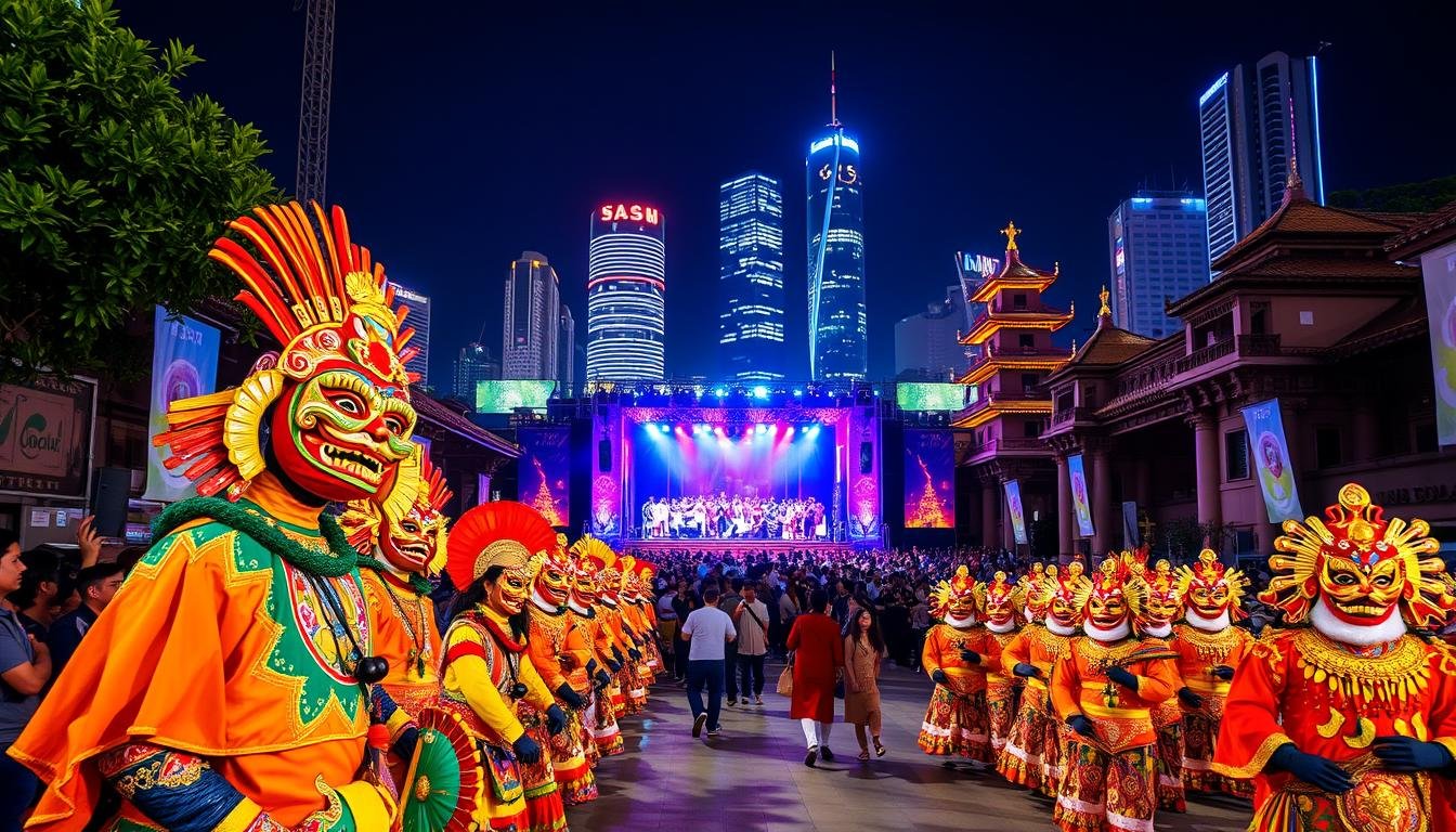 A vibrant fusion of traditional and modern elements, set against the backdrop of a dynamic festival scene. The foreground showcases a parade of colorfully dressed performers, their intricate costumes and masks blending ancient cultural traditions with contemporary flair. In the middle ground, a stage stands tall, illuminated by a dazzling array of lights, as spectators gather to witness the mesmerizing display of music, dance, and cultural celebration. The background reveals a cityscape, its modern architecture and neon-lit skyscrapers juxtaposed with the historical structures, creating a captivating contrast that exemplifies the dynamic interplay between the old and the new. The overall scene is bathed in a warm, vibrant lighting, evoking a festive and celebratory atmosphere.
