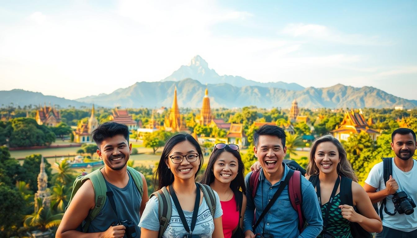 A vibrant group of travelers embarking on a guided tour, exploring the wonders of Thailand. In the foreground, a diverse ensemble of individuals, each with an eager expression, carrying backpacks and camera gear. The middle ground showcases a lush, verdant landscape, dotted with temples and traditional Thai architecture, bathed in warm, golden light. In the background, a majestic mountain range rises, creating a picturesque backdrop. The scene conveys a sense of adventure, camaraderie, and the joy of discovering new cultures, all captured with a cinematic, wide-angle lens perspective. A vibrant group of travelers embarking on a guided tour, exploring the wonders of Thailand. In the foreground, a diverse ensemble of individuals, each with an eager expression, carrying backpacks and camera gear. The middle ground showcases a lush, verdant landscape, dotted with temples and traditional Thai architecture, bathed in warm, golden light. In the background, a majestic mountain range rises, creating a picturesque backdrop. The scene conveys a sense of adventure, camaraderie, and the joy of discovering new cultures, all captured with a cinematic, wide-angle lens perspective.