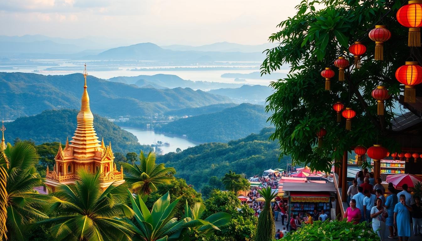A vibrant landscape of Thailand's most captivating December destinations. In the foreground, a serene Buddhist temple nestled among lush tropical foliage, its ornate spires and golden accents bathed in warm, diffused sunlight. In the middle ground, a bustling night market, its colorful stalls and lively crowds illuminated by strings of lanterns. In the background, rolling hills draped in verdant forests, with distant glimpses of shimmering beaches and azure waters. The scene exudes a tranquil yet enchanting atmosphere, inviting the viewer to immerse themselves in the rich cultural tapestry of Thailand during the festive December season. A vibrant landscape of Thailand's most captivating December destinations. In the foreground, a serene Buddhist temple nestled among lush tropical foliage, its ornate spires and golden accents bathed in warm, diffused sunlight. In the middle ground, a bustling night market, its colorful stalls and lively crowds illuminated by strings of lanterns. In the background, rolling hills draped in verdant forests, with distant glimpses of shimmering beaches and azure waters. The scene exudes a tranquil yet enchanting atmosphere, inviting the viewer to immerse themselves in the rich cultural tapestry of Thailand during the festive December season.