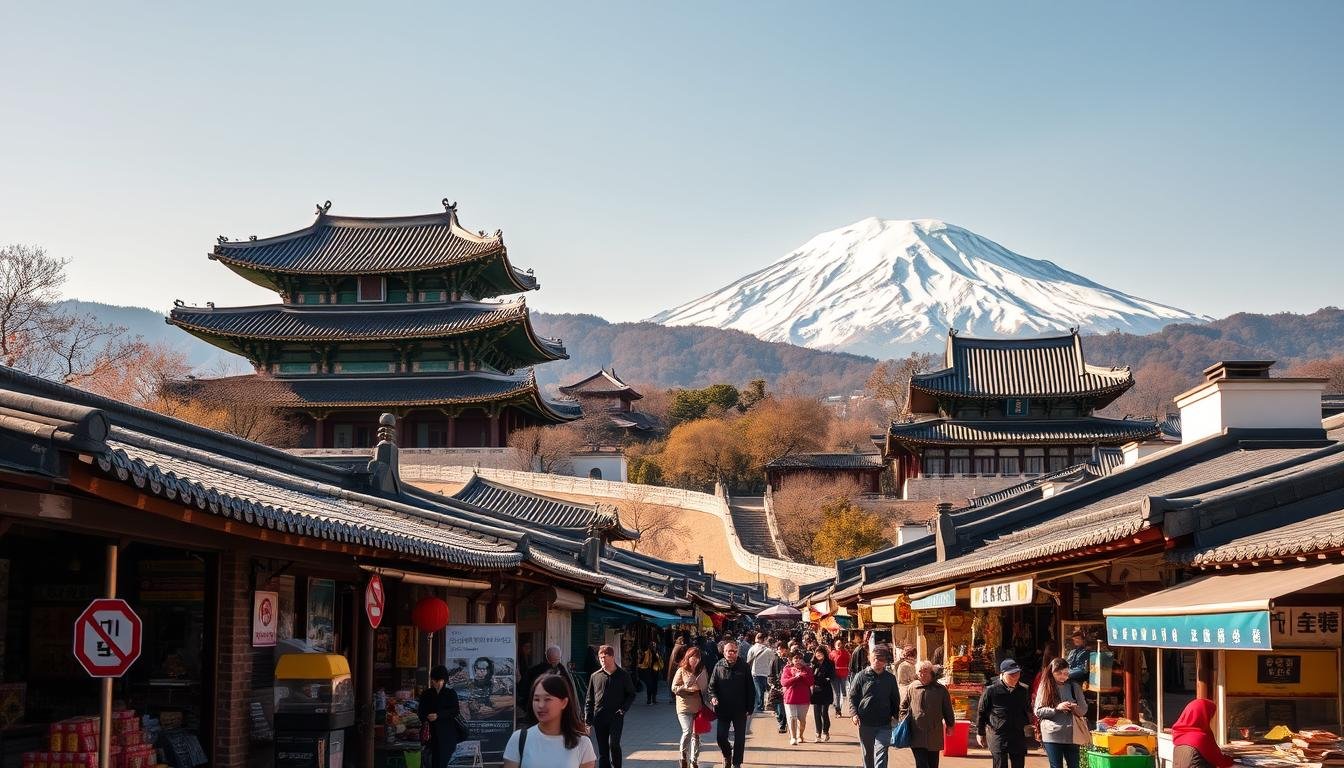 A vibrant landscape showcasing the most popular tourist destinations in South Korea. In the foreground, a bustling traditional market with colorful stalls, local vendors, and the aroma of Korean street food. In the middle ground, the iconic Gyeongbokgung Palace with its elegant, intricate architecture and traditional rooftops. In the background, the majestic Mount Seorak, its snow-capped peaks piercing the sky. The scene is bathed in warm, golden sunlight, capturing the energy and cultural richness of these renowned Korean travel hotspots. Crisp, high-resolution photograph taken with a wide-angle lens to encompass the grandeur of the setting.