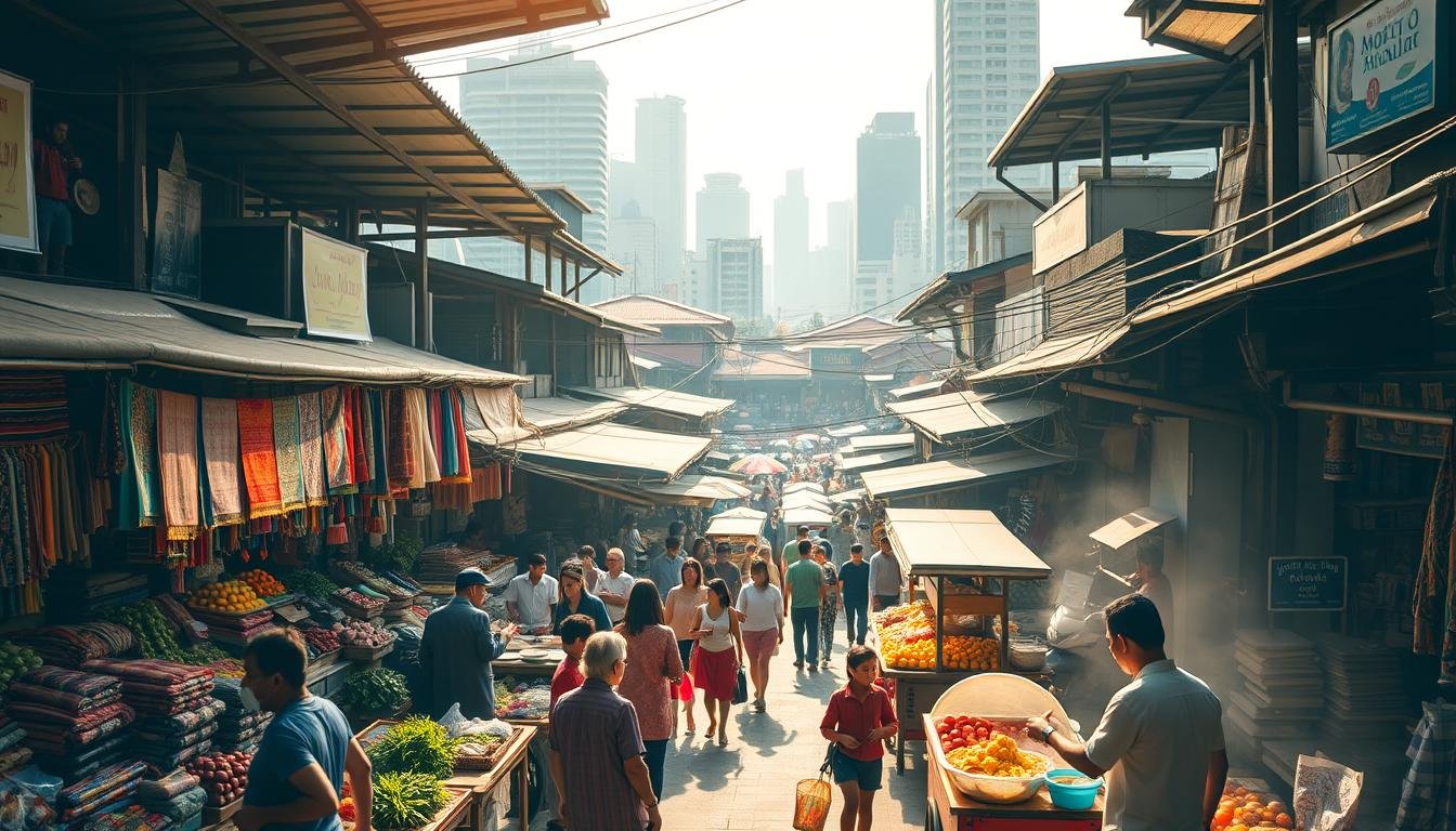 A vibrant morning marketplace in Bangkok, bustling with local vendors and eager shoppers. In the foreground, stalls brimming with fresh produce, colorful textiles, and artisanal handicrafts. Winding through the middle ground, a labyrinth of narrow alleys lined with food carts, sizzling with the aroma of traditional Thai delicacies. In the background, a mix of traditional shop houses and modern high-rises, creating a dynamic urban landscape. Warm sunlight filters through the canopy, casting a soft, golden glow over the entire scene. The atmosphere is lively and energetic, inviting the viewer to immerse themselves in the rhythms of this quintessential early morning marketplace experience.