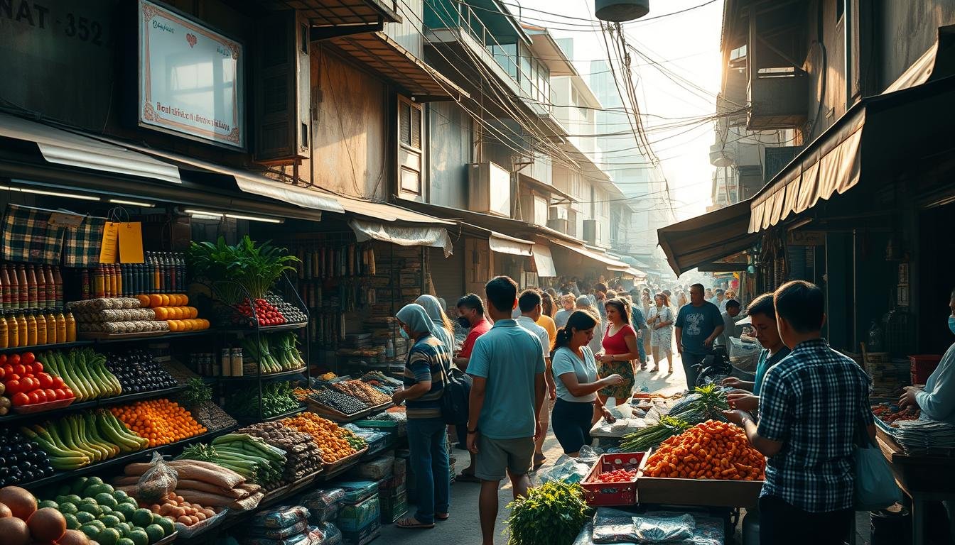 A vibrant morning scene in Bangkok's bustling wet market, with vendors selling a diverse array of fresh produce, spices, and traditional Thai street food. The foreground is filled with colorful stalls, their shelves overflowing with tropical fruits, vegetables, and fragrant herbs. In the middle ground, customers haggle playfully with the friendly vendors, immersed in the lively atmosphere. The background is a tapestry of traditional shophouses and market structures, their weathered facades exuding a sense of timeless cultural heritage. Warm sunlight filters through the narrow alleys, casting a golden glow and accentuating the kinetic energy of the scene. The overall impression is one of a vibrant, immersive cultural experience, inviting the viewer to step into the heart of Bangkok's vibrant morning market traditions.