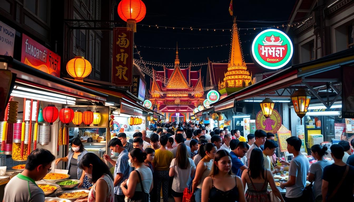 A vibrant night market in Bangkok, bustling with energy and the tantalizing aroma of authentic Thai cuisine. In the foreground, a colorful array of street food stalls offer sizzling dishes like pad thai, spicy curries, and fragrant mango sticky rice. The middle ground features lively crowds browsing the vendor stalls, their faces illuminated by the warm glow of lanterns and neon signs. In the background, a lively atmosphere with traditional Thai architecture, twinkling lights, and a sense of festive celebration. The image captures the essence of the Thai night market experience, inviting the viewer to immerse themselves in the vibrant sights, sounds, and flavors of this captivating culinary destination.