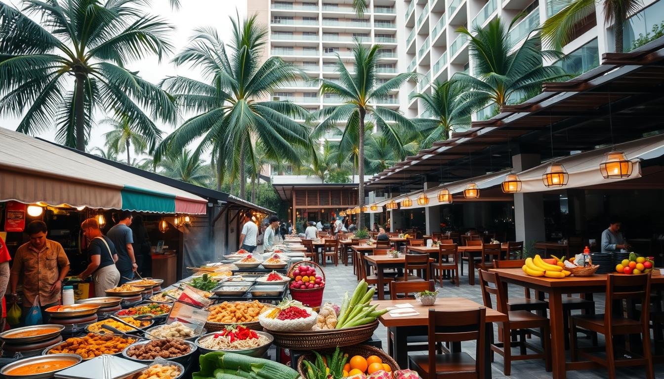 A vibrant open-air Thai market, bustling with the aroma of sizzling street food stalls and the chatter of local vendors. In the foreground, a display of an array of colorful, freshly-prepared dishes - steaming curries, fragrant noodles, and exotic tropical fruits. Further back, wooden tables and chairs offer a cozy dining setting, with the warm glow of lanterns and the lush greenery of palm trees creating a serene, inviting atmosphere. In the background, a modern hotel facade with sleek, contemporary architecture blends seamlessly with the traditional surroundings, reflecting the perfect harmony of Thailand's unique cultural heritage and modern comforts. A vibrant open-air Thai market, bustling with the aroma of sizzling street food stalls and the chatter of local vendors. In the foreground, a display of an array of colorful, freshly-prepared dishes - steaming curries, fragrant noodles, and exotic tropical fruits. Further back, wooden tables and chairs offer a cozy dining setting, with the warm glow of lanterns and the lush greenery of palm trees creating a serene, inviting atmosphere. In the background, a modern hotel facade with sleek, contemporary architecture blends seamlessly with the traditional surroundings, reflecting the perfect harmony of Thailand's unique cultural heritage and modern comforts.