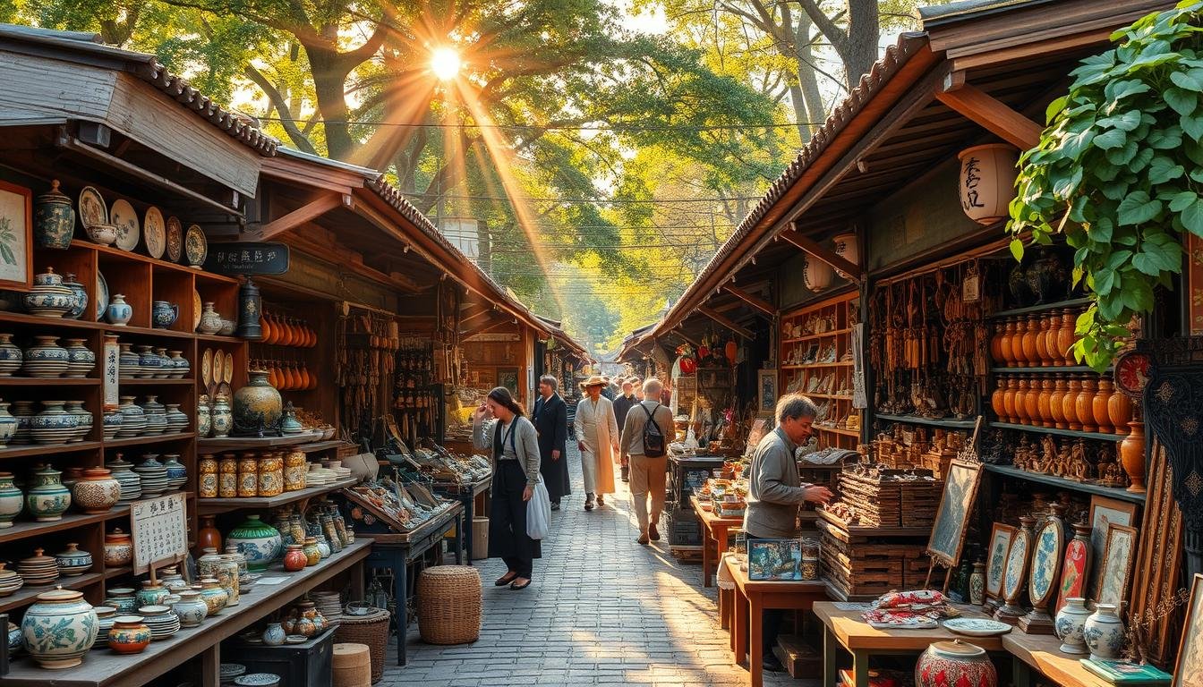 A vibrant outdoor antique market in the heart of historic Edo, Tokyo. Weathered wooden stalls line the cobblestone streets, filled with a fascinating array of vintage treasures - intricate ceramics, hand-carved wooden figurines, ornate kimonos, and antique curiosities. Rays of golden sunlight filter through the canopy of trees, casting a warm glow over the bustling scene. Shopkeepers beckon passersby to explore their wares, as locals and visitors alike peruse the stalls, immersed in the sights, sounds, and timeless atmosphere of the iconic Ōedo Antique Market.