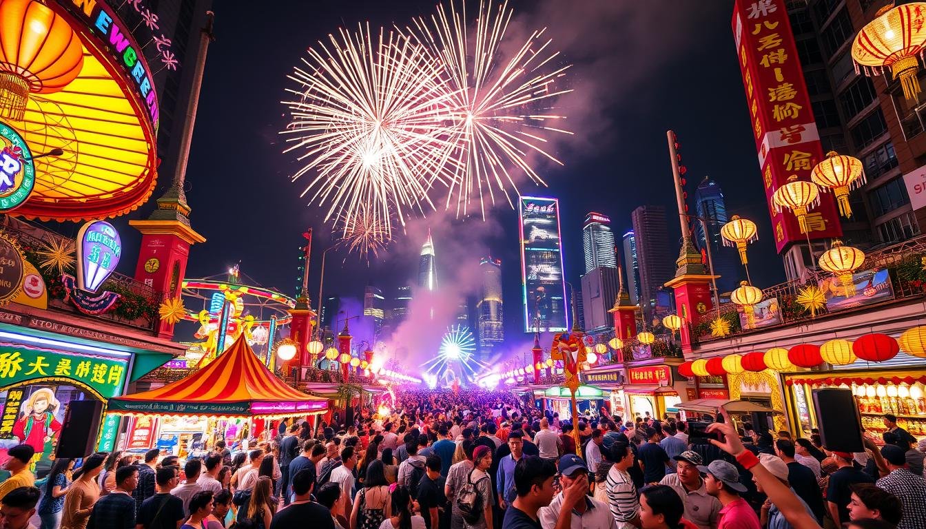 A vibrant outdoor celebration on a bustling city street, illuminated by the glow of colorful lanterns and stage lights. Crowds of revelers gather amidst lively music, festive decorations, and colorful carnival rides. In the foreground, a dazzling display of fireworks bursts across the night sky, casting a warm glow over the joyous scene. The middle ground is filled with energetic performers, vendors, and people dancing and cheering. In the background, the iconic architecture of Hong Kong's skyline sets the stage for this exhilarating New Year's Eve carnival. A vibrant outdoor celebration on a bustling city street, illuminated by the glow of colorful lanterns and stage lights. Crowds of revelers gather amidst lively music, festive decorations, and colorful carnival rides. In the foreground, a dazzling display of fireworks bursts across the night sky, casting a warm glow over the joyous scene. The middle ground is filled with energetic performers, vendors, and people dancing and cheering. In the background, the iconic architecture of Hong Kong's skyline sets the stage for this exhilarating New Year's Eve carnival.