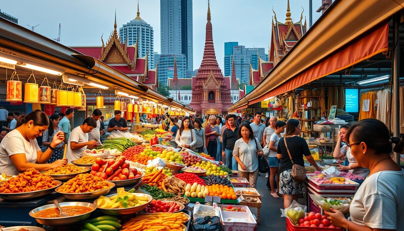 A vibrant outdoor market bustling with activity, stalls overflowing with an array of Thai delicacies and handicrafts. In the foreground, a kaleidoscope of colorful dishes - fragrant curries, sizzling street foods, and fresh tropical fruits. Vendors enthusiastically showcasing their wares, beckoning passersby to sample the delights. The middle ground captures the lively atmosphere, with shoppers immersed in the energetic crowd, admiring intricate textiles, wooden carvings, and other local treasures. In the background, glimpses of ornate temples and high-rise buildings, framing the quintessential Thai cityscape. Warm, golden lighting bathes the scene, evoking a sense of welcoming charm. The overall composition captures the essence of Thai culinary and shopping experiences, inviting the viewer to embark on a sensory exploration.