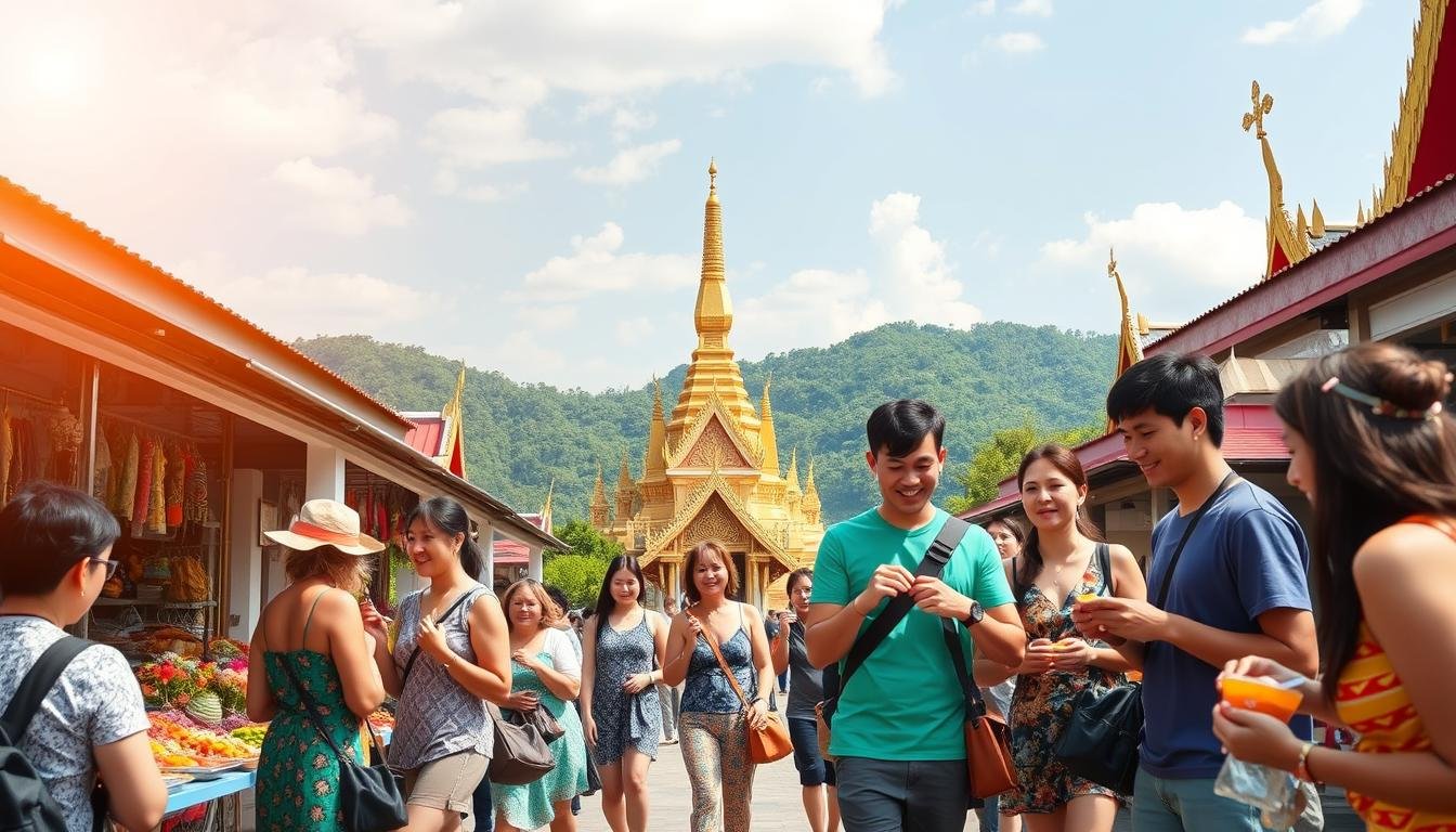 A vibrant outdoor scene showcasing the highlights of a Thai tour group experience. In the foreground, a group of energetic tourists explore a colorful local market, examining intricate handicrafts and sampling exotic street food. In the middle ground, a ornate Buddhist temple stands tall, its golden spires glistening in the warm sunlight. In the background, lush, verdant hills and a cloudless azure sky set the tranquil backdrop. The lighting is soft and natural, creating a sense of warmth and adventure. The composition captures the essence of the Thai travel experience - a harmonious blend of culture, cuisine, and natural beauty.