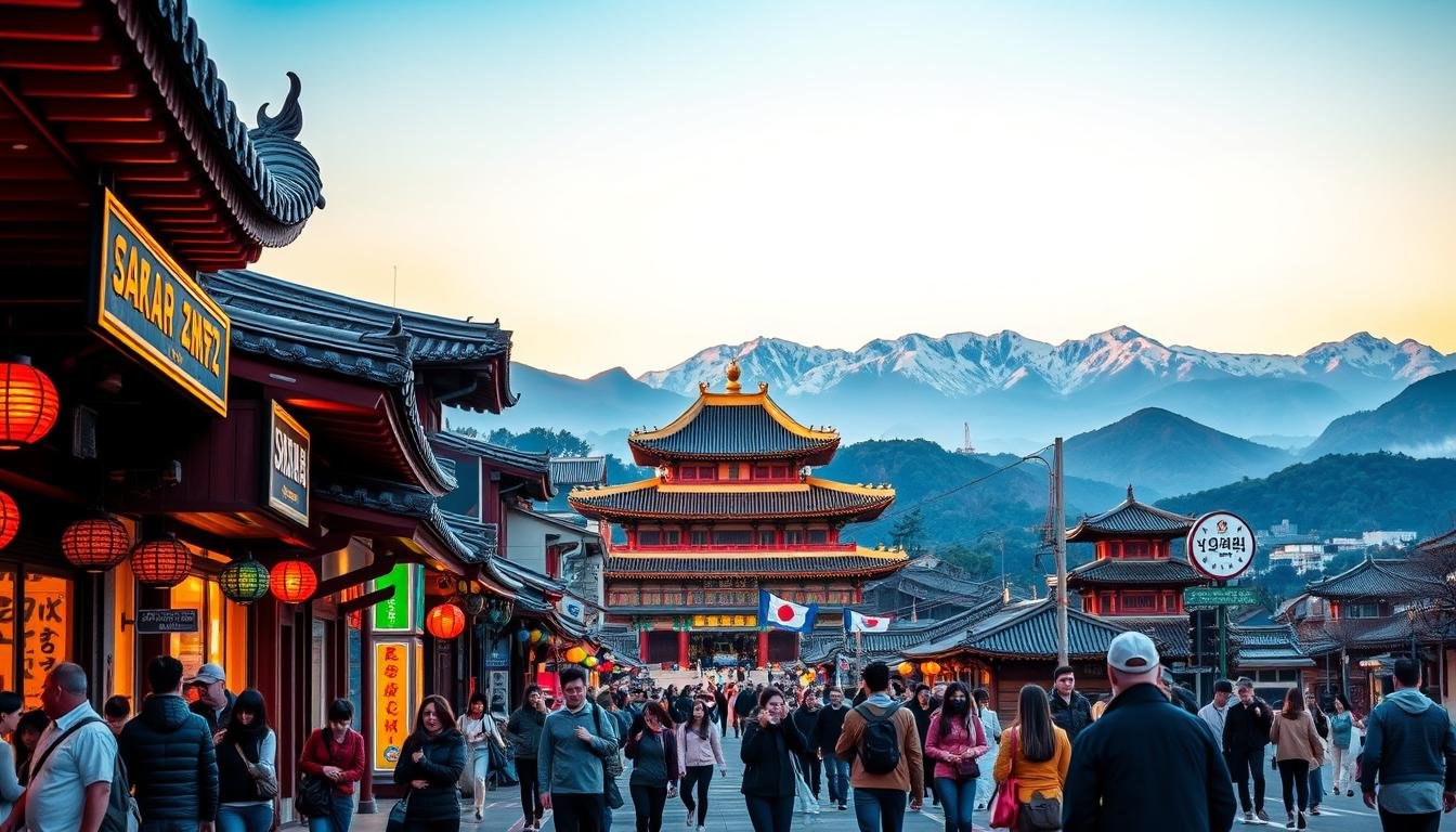 A vibrant panorama of South Korea's most captivating tourist destinations. In the foreground, a bustling street scene in Seoul, with traditional hanok architecture, neon-lit shops, and locals strolling amidst the lively atmosphere. In the middle ground, the majestic Gyeongbokgung Palace, its grand, ornate structures bathed in warm, golden light. In the background, the dramatic mountain landscapes of Seoraksan National Park, with snow-capped peaks and lush, verdant forests. The image conveys the dynamic energy, rich cultural heritage, and breathtaking natural beauty that make South Korea a premier travel destination. Captured with a wide-angle lens and balanced lighting, creating a sense of depth and immersion. A vibrant panorama of South Korea's most captivating tourist destinations. In the foreground, a bustling street scene in Seoul, with traditional hanok architecture, neon-lit shops, and locals strolling amidst the lively atmosphere. In the middle ground, the majestic Gyeongbokgung Palace, its grand, ornate structures bathed in warm, golden light. In the background, the dramatic mountain landscapes of Seoraksan National Park, with snow-capped peaks and lush, verdant forests. The image conveys the dynamic energy, rich cultural heritage, and breathtaking natural beauty that make South Korea a premier travel destination. Captured with a wide-angle lens and balanced lighting, creating a sense of depth and immersion.