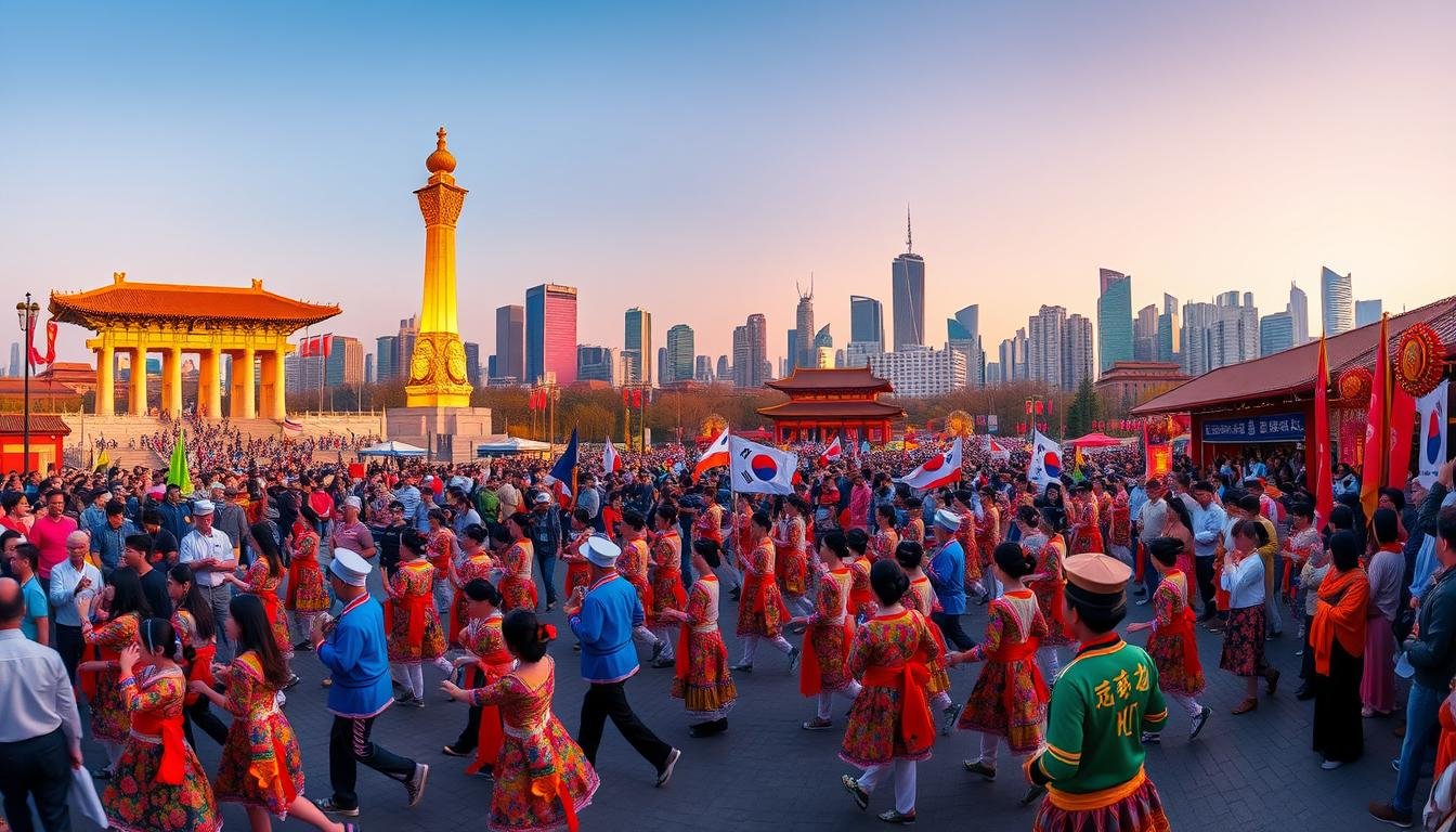 A vibrant panoramic scene depicting the cultural impact of Korea's national celebration. In the foreground, a lively parade with traditional dancers and musicians, their colorful costumes and intricate movements captivating the crowd. In the middle ground, towering statues and monuments representing Korea's rich history and heritage, illuminated by warm, golden lighting. In the background, a skyline of modern skyscrapers, symbolizing the nation's technological and economic advancements, seamlessly blending the old and the new. An atmosphere of pride, unity, and global influence permeates the scene, showcasing Korea's enduring cultural legacy and its far-reaching impact on the international stage.