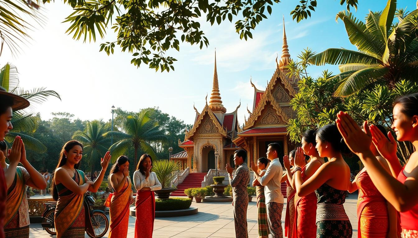 A vibrant scene capturing the essence of Thai social etiquette and cultural traditions. In the foreground, a group of people dressed in traditional Thai attire perform a graceful Wai greeting, their hands held together in a respectful gesture. The middle ground features a serene Buddhist temple, its gilded spires and intricate carvings reflecting the country's spiritual heritage. In the background, lush tropical foliage and a clear, azure sky set the scene, evoking the lush, enchanting ambiance of Thailand. The lighting is warm and diffused, casting a soft, golden glow over the entire composition. The camera angle is slightly elevated, providing a panoramic view that showcases the harmonious integration of Thai customs and cultural elements. A vibrant scene capturing the essence of Thai social etiquette and cultural traditions. In the foreground, a group of people dressed in traditional Thai attire perform a graceful Wai greeting, their hands held together in a respectful gesture. The middle ground features a serene Buddhist temple, its gilded spires and intricate carvings reflecting the country's spiritual heritage. In the background, lush tropical foliage and a clear, azure sky set the scene, evoking the lush, enchanting ambiance of Thailand. The lighting is warm and diffused, casting a soft, golden glow over the entire composition. The camera angle is slightly elevated, providing a panoramic view that showcases the harmonious integration of Thai customs and cultural elements.