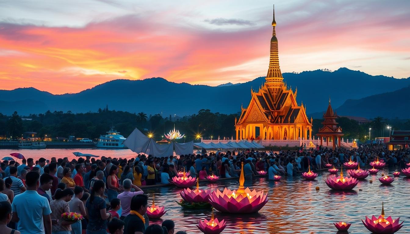 A vibrant scene of Chiang Mai's cool season festivities unfolds, capturing the essence of the "Loi Krathong" celebration. In the foreground, a lively crowd gathers along the banks of the Ping River, adorned in traditional Thai attire, as they launch intricately crafted lotus-shaped floats adorned with candles and flowers onto the tranquil waters. In the middle ground, a majestic Wat Phan Tao temple stands tall, its golden spires and intricate architecture bathed in the warm glow of dusk. In the background, the rolling hills of Doi Suthep rise, silhouetted against a vibrant, gradient sky. The scene conveys a sense of cultural heritage, community celebration, and the serene beauty of Chiang Mai during its cool, festive season. A vibrant scene of Chiang Mai's cool season festivities unfolds, capturing the essence of the "Loi Krathong" celebration. In the foreground, a lively crowd gathers along the banks of the Ping River, adorned in traditional Thai attire, as they launch intricately crafted lotus-shaped floats adorned with candles and flowers onto the tranquil waters. In the middle ground, a majestic Wat Phan Tao temple stands tall, its golden spires and intricate architecture bathed in the warm glow of dusk. In the background, the rolling hills of Doi Suthep rise, silhouetted against a vibrant, gradient sky. The scene conveys a sense of cultural heritage, community celebration, and the serene beauty of Chiang Mai during its cool, festive season.