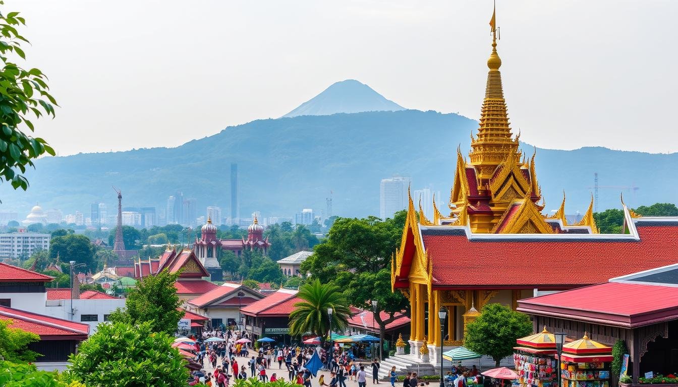 A vibrant scene of Chiang Mai's most popular attractions, captured in a lush, verdant setting. In the foreground, the iconic Wat Phan Tao temple stands tall, its intricate gold-gilded architecture gleaming in the warm, diffused sunlight. Surrounding it, a bustling marketplace filled with colorful local handicrafts and vibrant street food stalls. In the middle ground, the majestic Doi Suthep mountain looms, its slopes dotted with serene Buddhist shrines and ancient pagodas. In the distance, the city skyline emerges, a harmonious blend of modern high-rises and historic structures. An atmosphere of cultural richness, spiritual tranquility, and vibrant energy permeates the scene, inviting the viewer to immerse themselves in the essence of Chiang Mai's most captivating attractions. A vibrant scene of Chiang Mai's most popular attractions, captured in a lush, verdant setting. In the foreground, the iconic Wat Phan Tao temple stands tall, its intricate gold-gilded architecture gleaming in the warm, diffused sunlight. Surrounding it, a bustling marketplace filled with colorful local handicrafts and vibrant street food stalls. In the middle ground, the majestic Doi Suthep mountain looms, its slopes dotted with serene Buddhist shrines and ancient pagodas. In the distance, the city skyline emerges, a harmonious blend of modern high-rises and historic structures. An atmosphere of cultural richness, spiritual tranquility, and vibrant energy permeates the scene, inviting the viewer to immerse themselves in the essence of Chiang Mai's most captivating attractions.