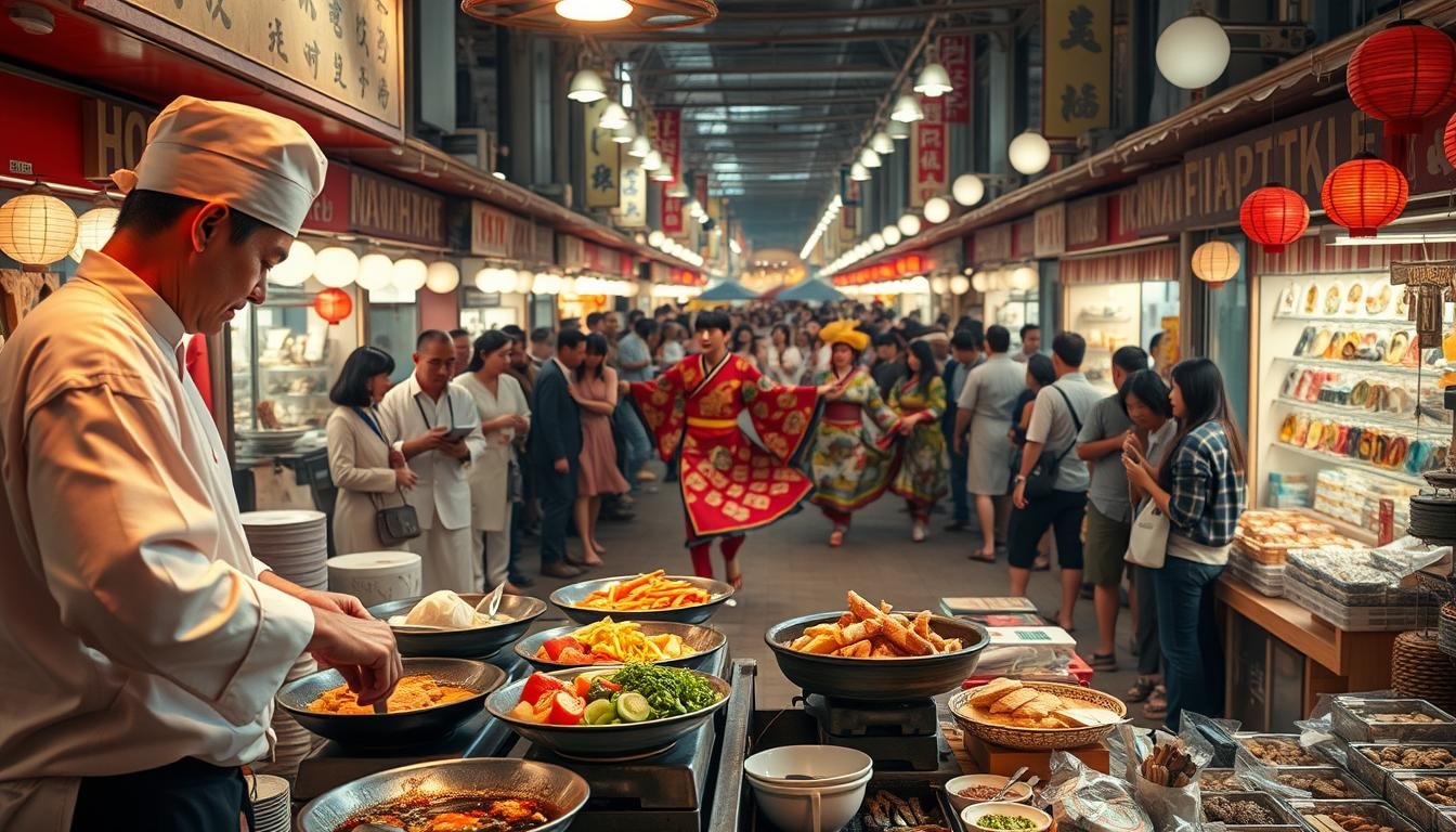 A vibrant scene of the Tokyo Flea Market, where a lively food performance takes center stage. In the foreground, a talented chef expertly crafts traditional Japanese dishes, the sizzling sounds and tantalizing aromas filling the air. In the middle ground, a troupe of energetic performers engage the captivated crowd with a mesmerizing cultural dance, their vibrant costumes swirling in the soft, warm lighting. In the background, rows of bustling vendor stalls offer an eclectic array of local crafts, antiques, and delicacies, creating a bustling, immersive atmosphere. The overall mood is one of celebration, cultural exchange, and the joyful exploration of the senses. A vibrant scene of the Tokyo Flea Market, where a lively food performance takes center stage. In the foreground, a talented chef expertly crafts traditional Japanese dishes, the sizzling sounds and tantalizing aromas filling the air. In the middle ground, a troupe of energetic performers engage the captivated crowd with a mesmerizing cultural dance, their vibrant costumes swirling in the soft, warm lighting. In the background, rows of bustling vendor stalls offer an eclectic array of local crafts, antiques, and delicacies, creating a bustling, immersive atmosphere. The overall mood is one of celebration, cultural exchange, and the joyful exploration of the senses.