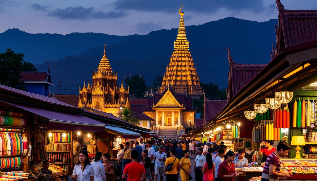 A vibrant scene of the rich cultural tapestry of Chiang Mai, Thailand. In the foreground, a bustling night market lined with colorful handcrafted goods, street food stalls, and local artisans demonstrating traditional weaving techniques. The middle ground features ancient temple structures with intricate stone carvings and gilded roofs, bathed in warm, atmospheric lighting. In the background, a lush, mountainous landscape provides a serene backdrop, hinting at the natural beauty that surrounds this cultural hub. The overall atmosphere evokes a sense of immersion in the unique blend of modernity and timeless tradition that defines Chiang Mai's captivating cultural experience. A vibrant scene of the rich cultural tapestry of Chiang Mai, Thailand. In the foreground, a bustling night market lined with colorful handcrafted goods, street food stalls, and local artisans demonstrating traditional weaving techniques. The middle ground features ancient temple structures with intricate stone carvings and gilded roofs, bathed in warm, atmospheric lighting. In the background, a lush, mountainous landscape provides a serene backdrop, hinting at the natural beauty that surrounds this cultural hub. The overall atmosphere evokes a sense of immersion in the unique blend of modernity and timeless tradition that defines Chiang Mai's captivating cultural experience.