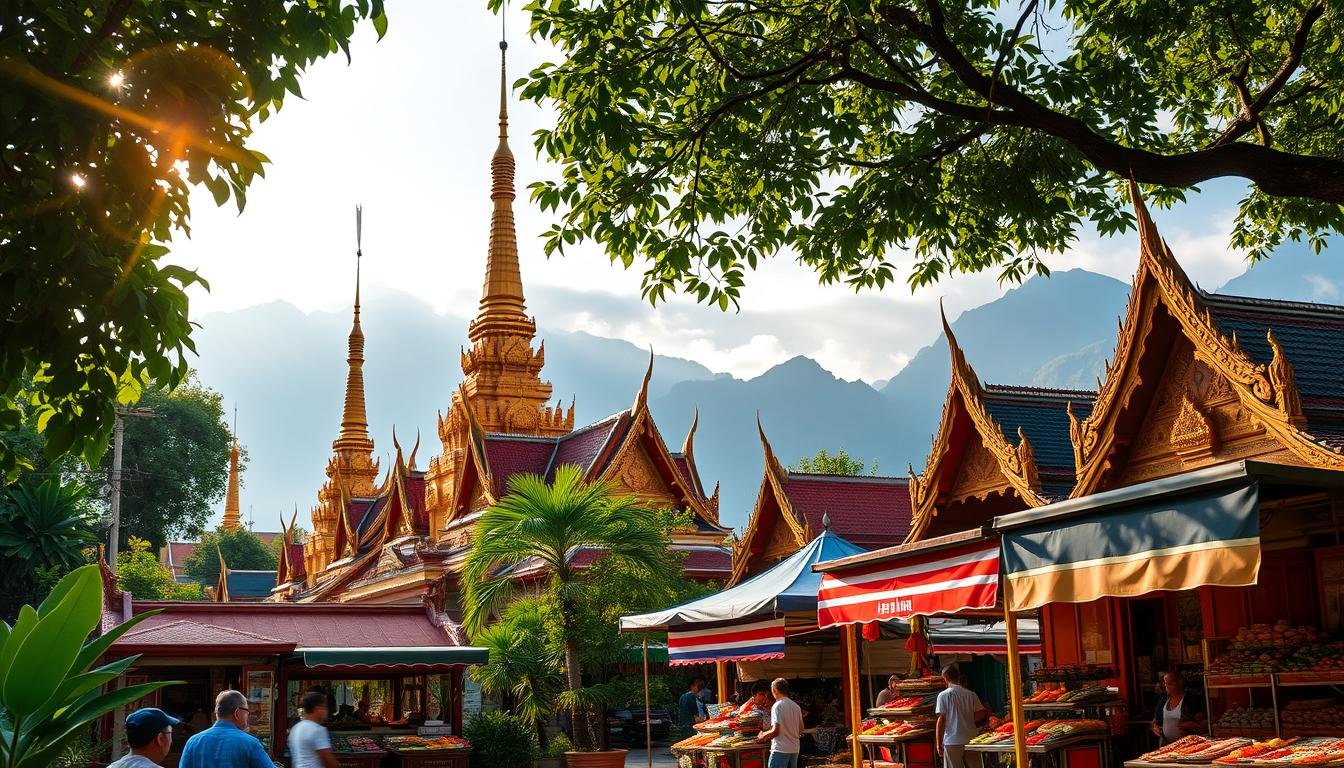 A vibrant scene showcasing the captivating cultural charm and alluring highlights of Thailand. In the foreground, intricate Buddhist temples with gilded spires and ornate facades rise amidst lush, verdant foliage. Warm sunlight filters through the canopy, casting a soft, ethereal glow. In the middle ground, colorful market stalls overflow with fragrant spices, delectable street food, and vibrant textiles, reflecting the bustling energy of Thai daily life. In the background, majestic mountains shrouded in mist create a serene, mystical atmosphere. The composition captures the essence of Thailand's rich heritage, diverse culture, and captivating natural beauty, inviting the viewer on a journey of discovery. A vibrant scene showcasing the captivating cultural charm and alluring highlights of Thailand. In the foreground, intricate Buddhist temples with gilded spires and ornate facades rise amidst lush, verdant foliage. Warm sunlight filters through the canopy, casting a soft, ethereal glow. In the middle ground, colorful market stalls overflow with fragrant spices, delectable street food, and vibrant textiles, reflecting the bustling energy of Thai daily life. In the background, majestic mountains shrouded in mist create a serene, mystical atmosphere. The composition captures the essence of Thailand's rich heritage, diverse culture, and captivating natural beauty, inviting the viewer on a journey of discovery.