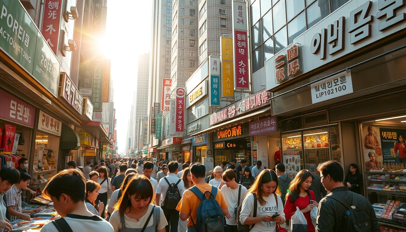 A vibrant shopping street in Seoul, South Korea, filled with bustling crowds, colorful storefronts, and a dynamic atmosphere. In the foreground, shoppers examine discounted merchandise, haggling with vendors to secure the best deals. The middle ground showcases a range of trendy fashion boutiques, electronic shops, and street food stalls, while the background features towering high-rise buildings and neon signage, creating a modern, urban backdrop. Warm sunlight filters through the scene, casting a golden glow and highlighting the energy of the Korean shopping experience. The overall mood conveys a sense of thrift, efficiency, and the joy of discovering hidden bargains in the heart of Seoul. A vibrant shopping street in Seoul, South Korea, filled with bustling crowds, colorful storefronts, and a dynamic atmosphere. In the foreground, shoppers examine discounted merchandise, haggling with vendors to secure the best deals. The middle ground showcases a range of trendy fashion boutiques, electronic shops, and street food stalls, while the background features towering high-rise buildings and neon signage, creating a modern, urban backdrop. Warm sunlight filters through the scene, casting a golden glow and highlighting the energy of the Korean shopping experience. The overall mood conveys a sense of thrift, efficiency, and the joy of discovering hidden bargains in the heart of Seoul.