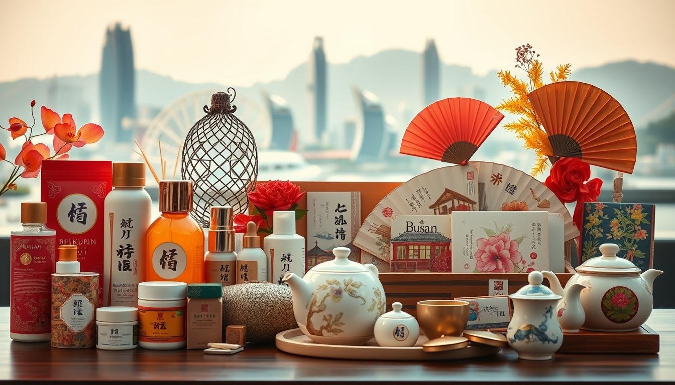 A vibrant still life displaying the essence of Busan's local beauty and culture. In the foreground, an array of traditional Korean cosmetics and skincare products, their packaging adorned with intricate patterns and vibrant hues. In the middle ground, various Busan-themed souvenirs and gifts, such as delicately crafted pottery, hand-painted fans, and artisanal tea sets. The background features a soft, blurred cityscape of Busan's iconic landmarks, evoking a sense of place and regional identity. Warm, natural lighting casts a gentle glow, creating a welcoming and immersive atmosphere. The overall composition showcases the diverse range of locally sourced, high-quality Busan specialties, inviting the viewer to discover the rich cultural heritage of this coastal city. A vibrant still life displaying the essence of Busan's local beauty and culture. In the foreground, an array of traditional Korean cosmetics and skincare products, their packaging adorned with intricate patterns and vibrant hues. In the middle ground, various Busan-themed souvenirs and gifts, such as delicately crafted pottery, hand-painted fans, and artisanal tea sets. The background features a soft, blurred cityscape of Busan's iconic landmarks, evoking a sense of place and regional identity. Warm, natural lighting casts a gentle glow, creating a welcoming and immersive atmosphere. The overall composition showcases the diverse range of locally sourced, high-quality Busan specialties, inviting the viewer to discover the rich cultural heritage of this coastal city.