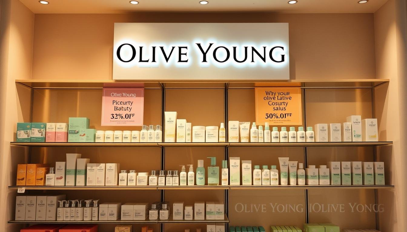 A vibrant storefront display showcasing the latest Olive Young cosmetics and skincare products. The shelves are neatly arranged, with eye-catching packaging in pastel hues and clean, modern design. Strategically placed promotional signage highlights the current sales and discounts, creating a sense of excitement and opportunity for savvy Korean beauty enthusiasts. Warm, diffused lighting casts a gentle glow, complementing the serene, minimalist atmosphere. The overall scene conveys a feeling of exclusivity and premium quality, inviting the viewer to explore the must-have items on this carefully curated, discounted selection.