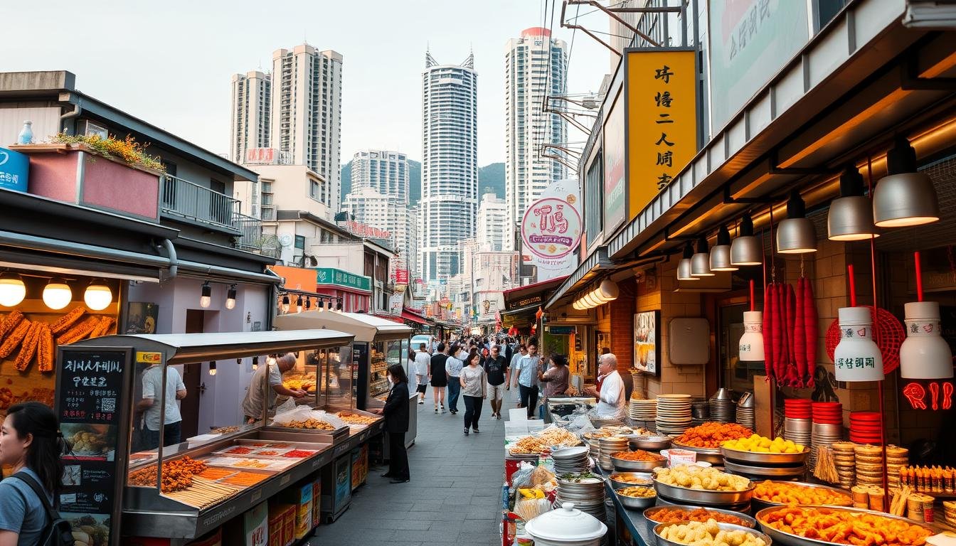 A vibrant street scene in Busan, South Korea, showcasing the city's renowned culinary delights. In the foreground, a bustling outdoor food market overflows with stalls offering an array of local specialties - freshly grilled skewers, steaming hot soups, and an abundance of colorful, artfully presented snacks. The middle ground features the bustling streets, lined with quaint eateries and lively food carts, their enticing aromas wafting through the air. In the background, the iconic architecture of Busan, with its mix of modern high-rises and traditional structures, creates a visually striking backdrop. Warm, golden lighting bathes the scene, evoking a cozy, inviting atmosphere that captures the essence of Busan's thriving food culture.