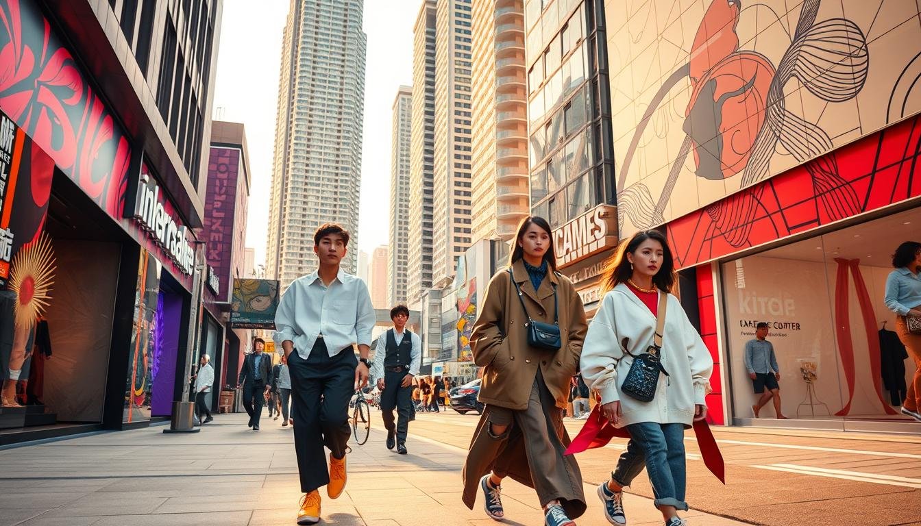 A vibrant street scene in Busan, South Korea, showcasing the city's thriving fashion and design aesthetics. In the foreground, models strut down the sidewalk, donning the latest trends in contemporary Korean streetwear - sleek, oversized silhouettes, bold color palettes, and avant-garde accessories. The middle ground features the storefronts of trendy boutiques and concept shops, their windows adorned with striking visual displays that capture the essence of Busan's cutting-edge design sensibilities. In the background, the urban landscape is punctuated by towering, modern buildings, their facades adorned with dynamic, abstract patterns that echo the dynamism of the fashion and design scene. The scene is bathed in warm, golden light, creating a vibrant, energetic atmosphere that reflects the youthful, creative spirit of Busan's thriving cultural landscape.