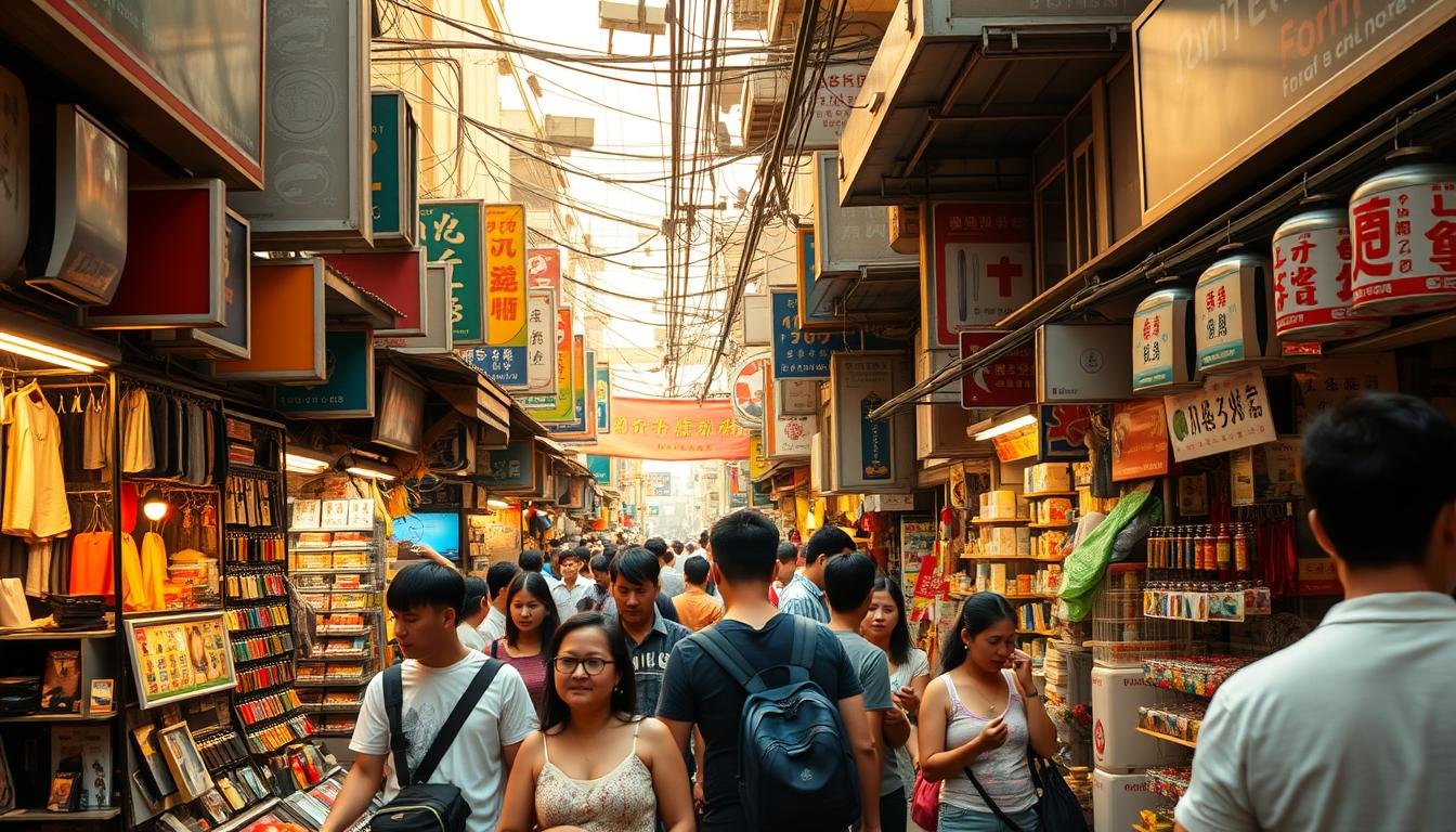 A vibrant street scene in a bustling Asian market, with shoppers navigating through rows of colorful stalls. In the foreground, a group of tourists appear cautious, examining products closely and conversing with vendors. The middle ground showcases various consumer goods - from electronics to souvenirs - displayed temptingly. In the background, a maze of overhead signs and banners creates a sense of chaos, hinting at the potential pitfalls of unaware shopping. Warm lighting casts a golden glow, and the scene is captured from a slightly elevated angle, giving a bird's-eye view of the intricate dynamics at play. An atmosphere of both allure and wariness pervades the image, perfectly illustrating the need for vigilance when navigating a bustling shopping district. A vibrant street scene in a bustling Asian market, with shoppers navigating through rows of colorful stalls. In the foreground, a group of tourists appear cautious, examining products closely and conversing with vendors. The middle ground showcases various consumer goods - from electronics to souvenirs - displayed temptingly. In the background, a maze of overhead signs and banners creates a sense of chaos, hinting at the potential pitfalls of unaware shopping. Warm lighting casts a golden glow, and the scene is captured from a slightly elevated angle, giving a bird's-eye view of the intricate dynamics at play. An atmosphere of both allure and wariness pervades the image, perfectly illustrating the need for vigilance when navigating a bustling shopping district.