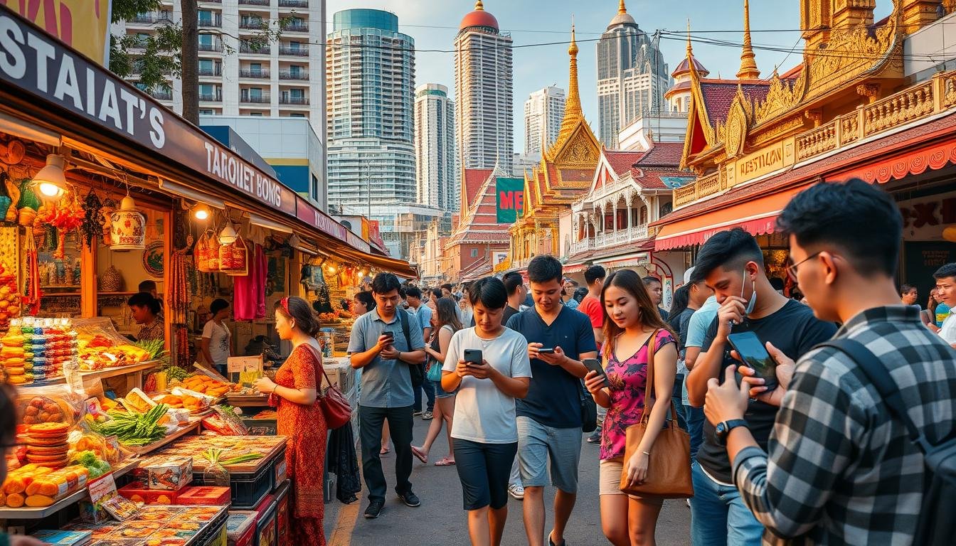 A vibrant street scene in a bustling Thai city, showcasing the rich tapestry of local offerings and online booking techniques. In the foreground, a lively outdoor market with colorful stalls displaying an array of traditional handicrafts, street food, and souvenirs. Shopkeepers enthusiastically engage with customers, highlighting limited-time deals and exclusive discounts. In the middle ground, a group of tourists consult their smartphones, navigating various travel apps and booking platforms to secure the best accommodations and activities. The background is a blend of modern high-rises and historical landmarks, creating a sense of cultural fusion. Warm, golden lighting filters through the scene, conveying a sense of welcoming ambiance and a thriving local experience.