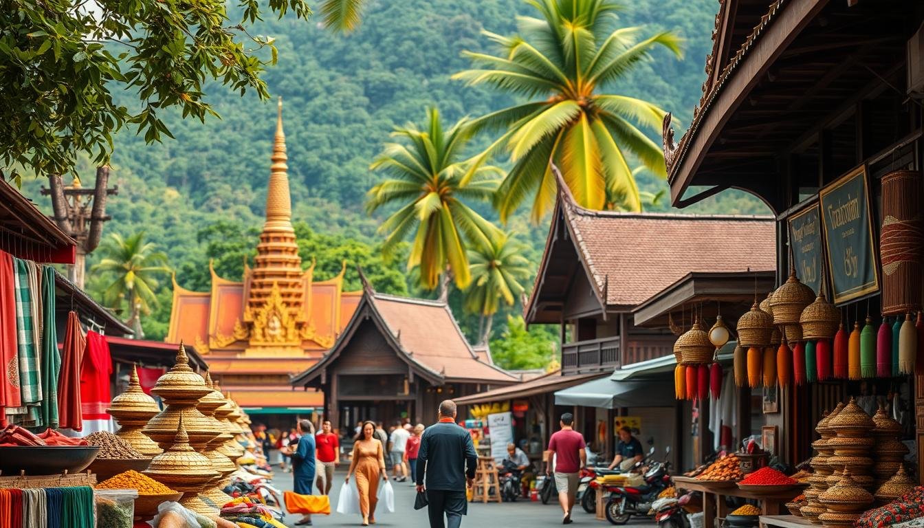 A vibrant street scene in a bustling Thai town, showcasing the rich local culture. In the foreground, vendors sell an array of colorful textiles, spices, and handicrafts. Intricate Buddhist temples and traditional wooden houses line the middle ground, their ornate architecture reflecting the region's heritage. In the background, a lush, verdant landscape frames the scene, with towering palm trees swaying gently in the warm, tropical breeze. Soft, diffused lighting creates a serene, inviting atmosphere, highlighting the unique blend of modernity and timeless tradition that defines Thai culture. The overall composition captures the essence of the local way of life, inviting the viewer to immerse themselves in the sights, sounds, and flavors of this captivating destination. A vibrant street scene in a bustling Thai town, showcasing the rich local culture. In the foreground, vendors sell an array of colorful textiles, spices, and handicrafts. Intricate Buddhist temples and traditional wooden houses line the middle ground, their ornate architecture reflecting the region's heritage. In the background, a lush, verdant landscape frames the scene, with towering palm trees swaying gently in the warm, tropical breeze. Soft, diffused lighting creates a serene, inviting atmosphere, highlighting the unique blend of modernity and timeless tradition that defines Thai culture. The overall composition captures the essence of the local way of life, inviting the viewer to immerse themselves in the sights, sounds, and flavors of this captivating destination.