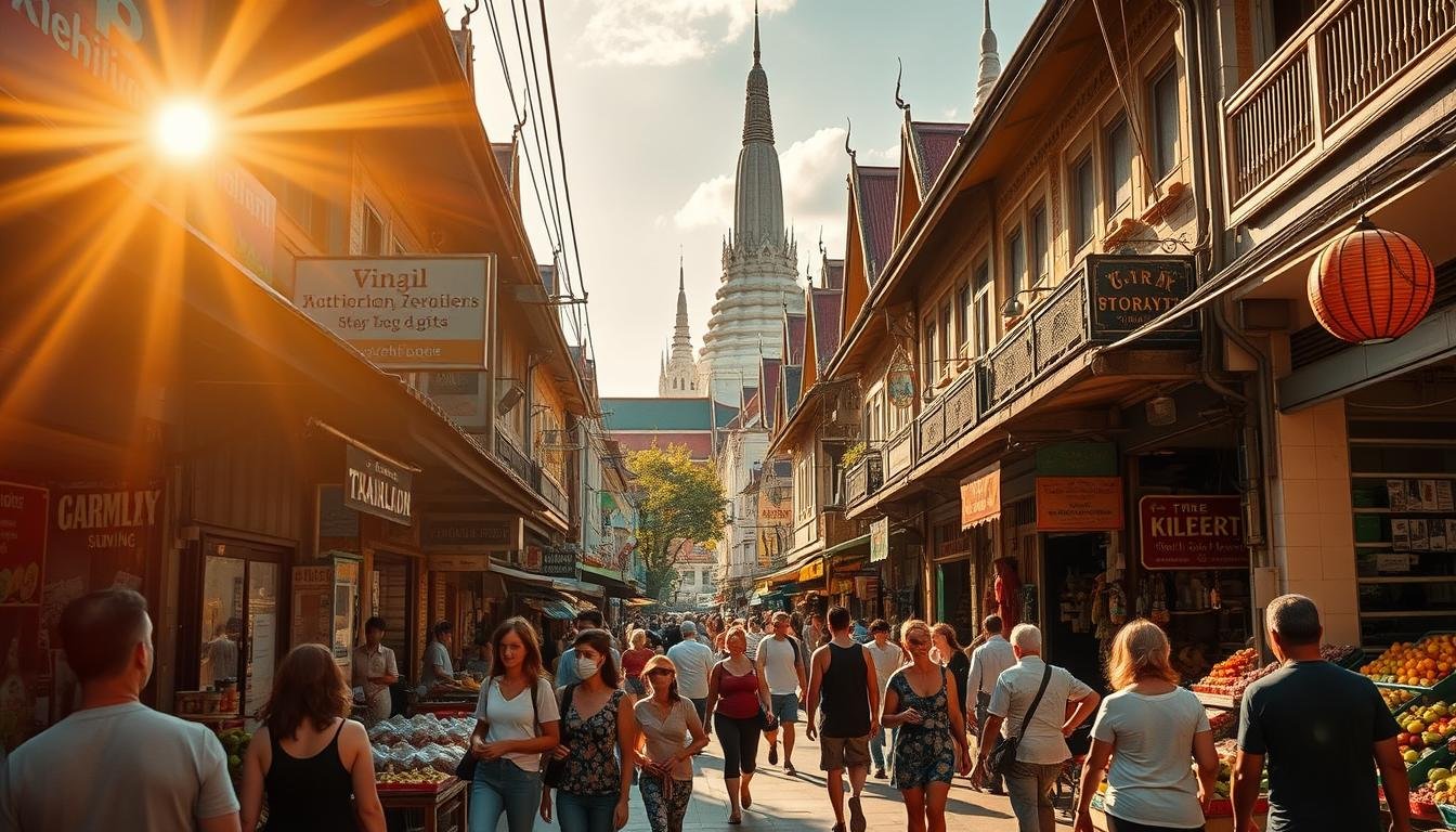 A vibrant street scene in the heart of Thailand, with bustling markets, colorful storefronts, and locals going about their daily lives. The sun casts a warm, golden glow, illuminating the intricate architecture and creating long, dramatic shadows. In the foreground, a group of tourists navigates the crowded sidewalks, taking in the sights and sounds of this lively, energetic destination. In the middle ground, vendors sell an array of exotic fruits, spices, and handicrafts, while in the background, towering temple spires pierce the sky, hinting at the rich cultural heritage of this captivating country. An immersive, cinematic scene that captures the essence of a Thai free-and-easy adventure.