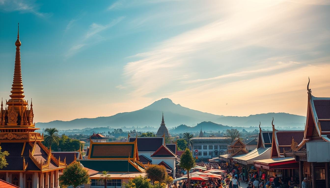 A vibrant, sun-drenched cityscape of Chiang Mai, Thailand's enchanting northern gem. In the foreground, the iconic Wat Phan Tao temple stands serene, its gilded spires and intricate carved facades shimmering in the warm light. The middle ground bustles with the energetic night market, stalls overflowing with colorful handicrafts, fragrant local cuisine, and lively crowds. In the distance, the majestic Doi Suthep mountain range rises, capped by the revered Wat Phra That Doi Suthep, a sacred Buddhist temple accessible by a winding road. The scene emanates a captivating blend of cultural heritage, vibrant energy, and natural splendor, inviting the viewer to explore the rich tapestry of this renowned Thai destination.