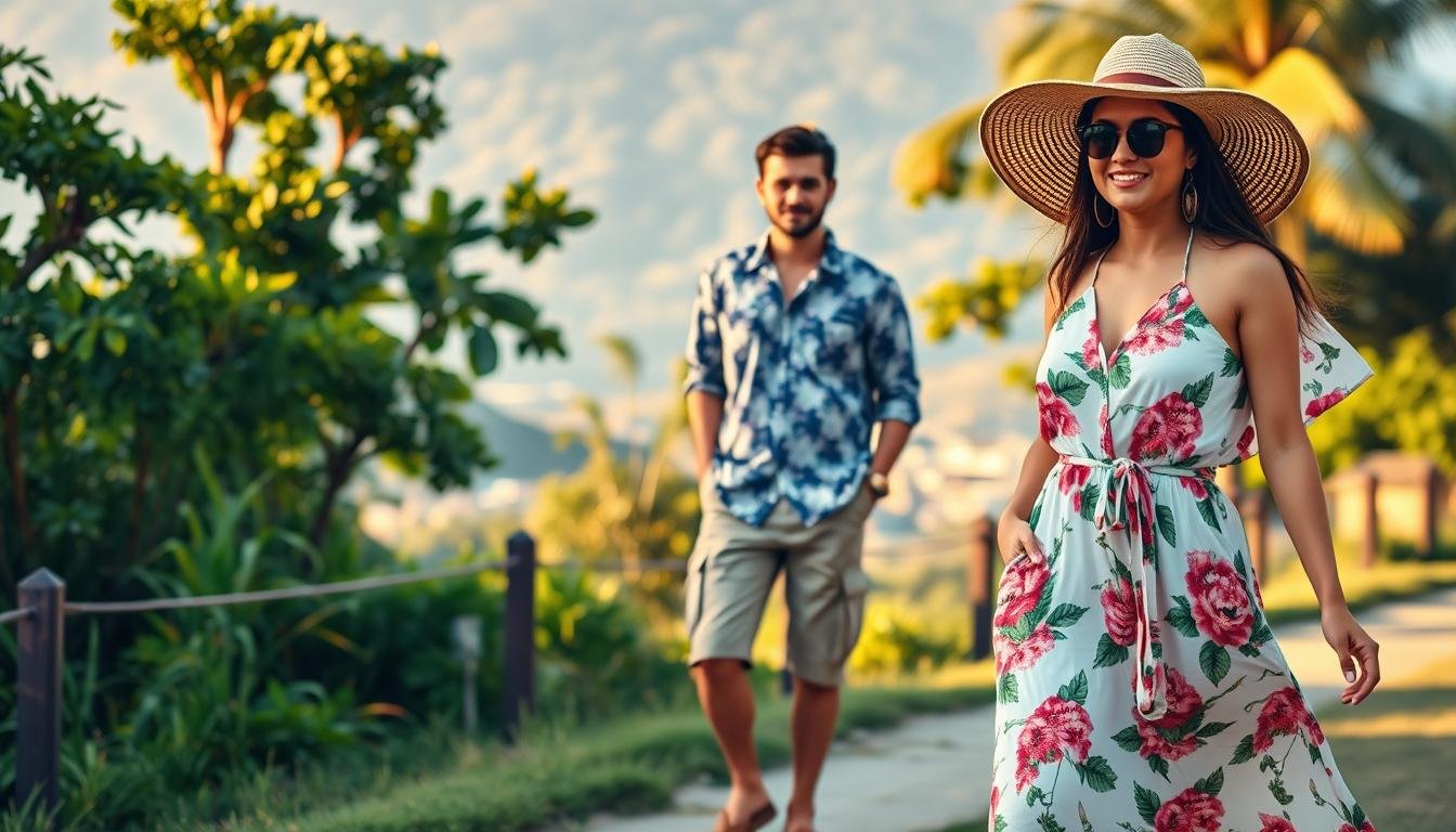 A vibrant, sun-drenched outdoor scene showcasing stylish yet practical attire for a Thailand vacation. In the foreground, a fashionable woman poses confidently in a flowing, breathable maxi dress in a tropical floral print, accessorized with a wide-brimmed straw hat and comfortable sandals. The middle ground features a man in lightweight, versatile cargo shorts and a breezy button-down shirt, ready for exploring the sights. In the background, lush greenery and a glimpse of a scenic vista create a serene, vacation-ready ambiance, lit by warm, golden-hour lighting. The overall mood is one of relaxed sophistication, capturing the essence of an unforgettable Thailand travel experience.